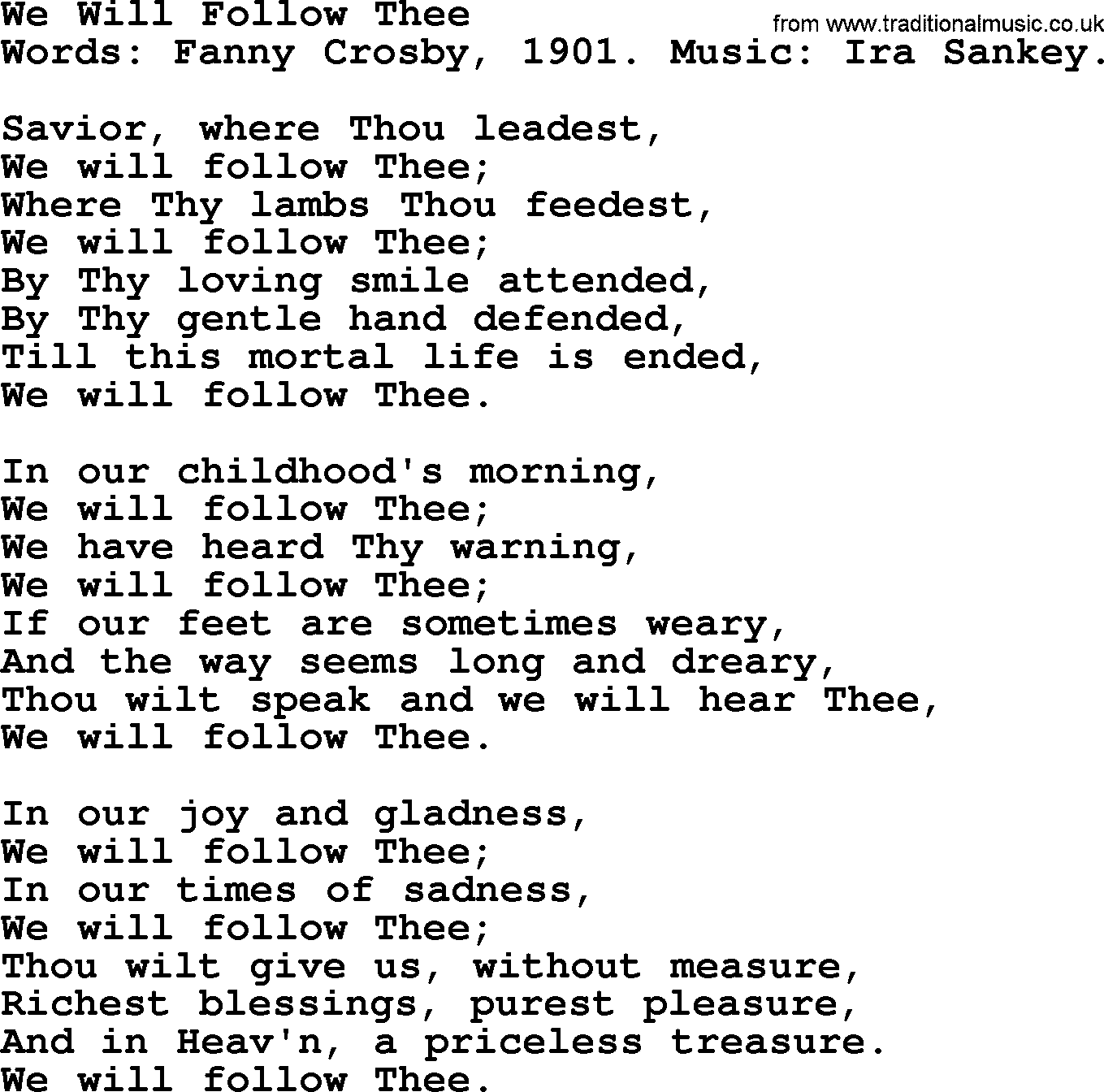 Fanny Crosby song: We Will Follow Thee, lyrics