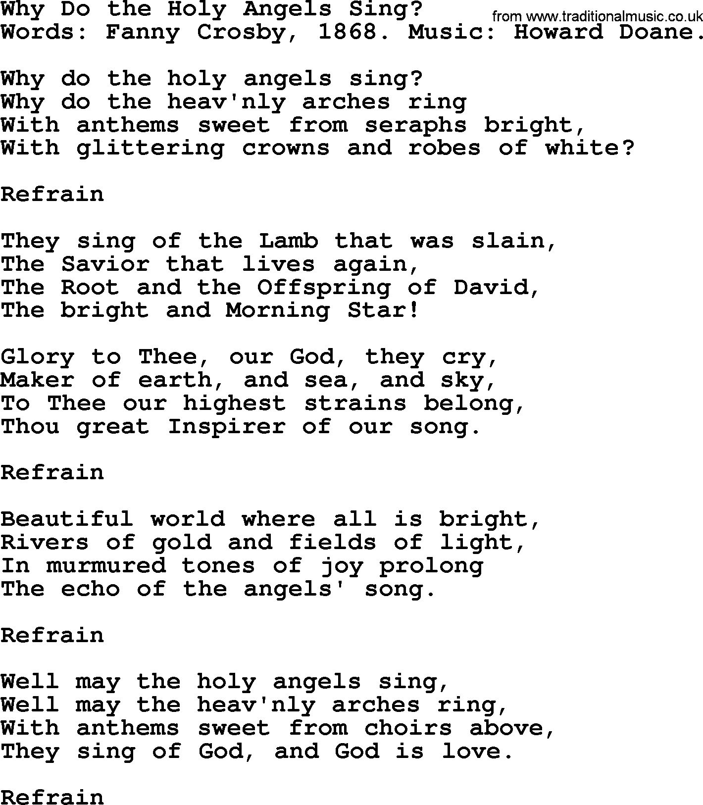 Fanny Crosby song: Why Do The Holy Angels Sing, lyrics