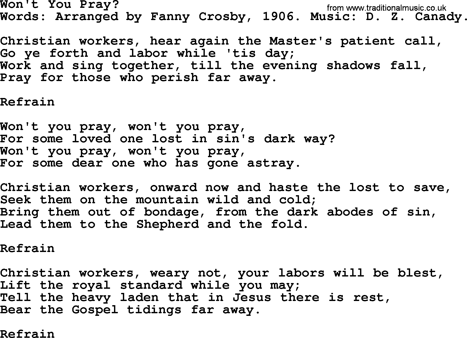 Fanny Crosby song: Won't You Pray, lyrics