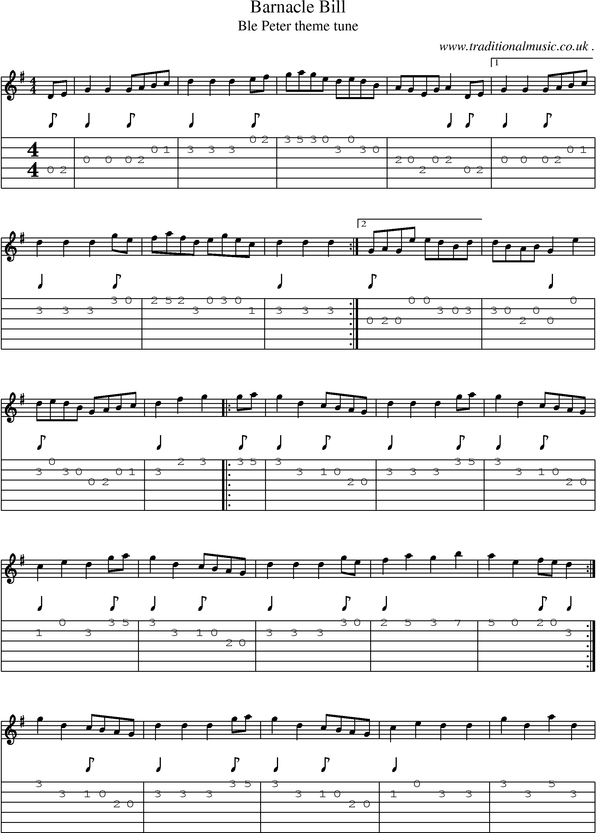Sheet-Music and Guitar Tabs for Barnacle Bill