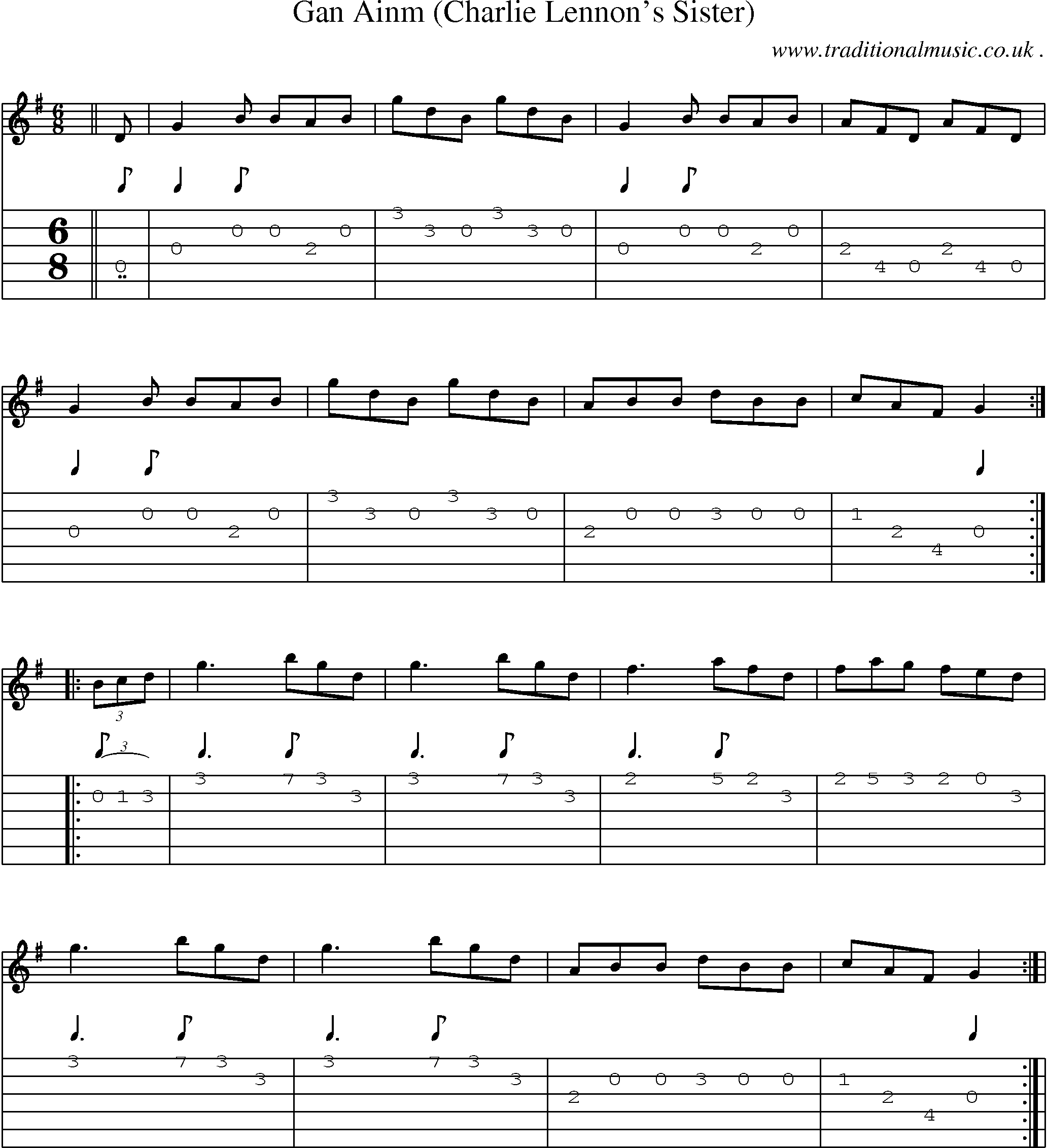 Sheet-Music and Guitar Tabs for Gan Ainm (charlie Lennons Sister)