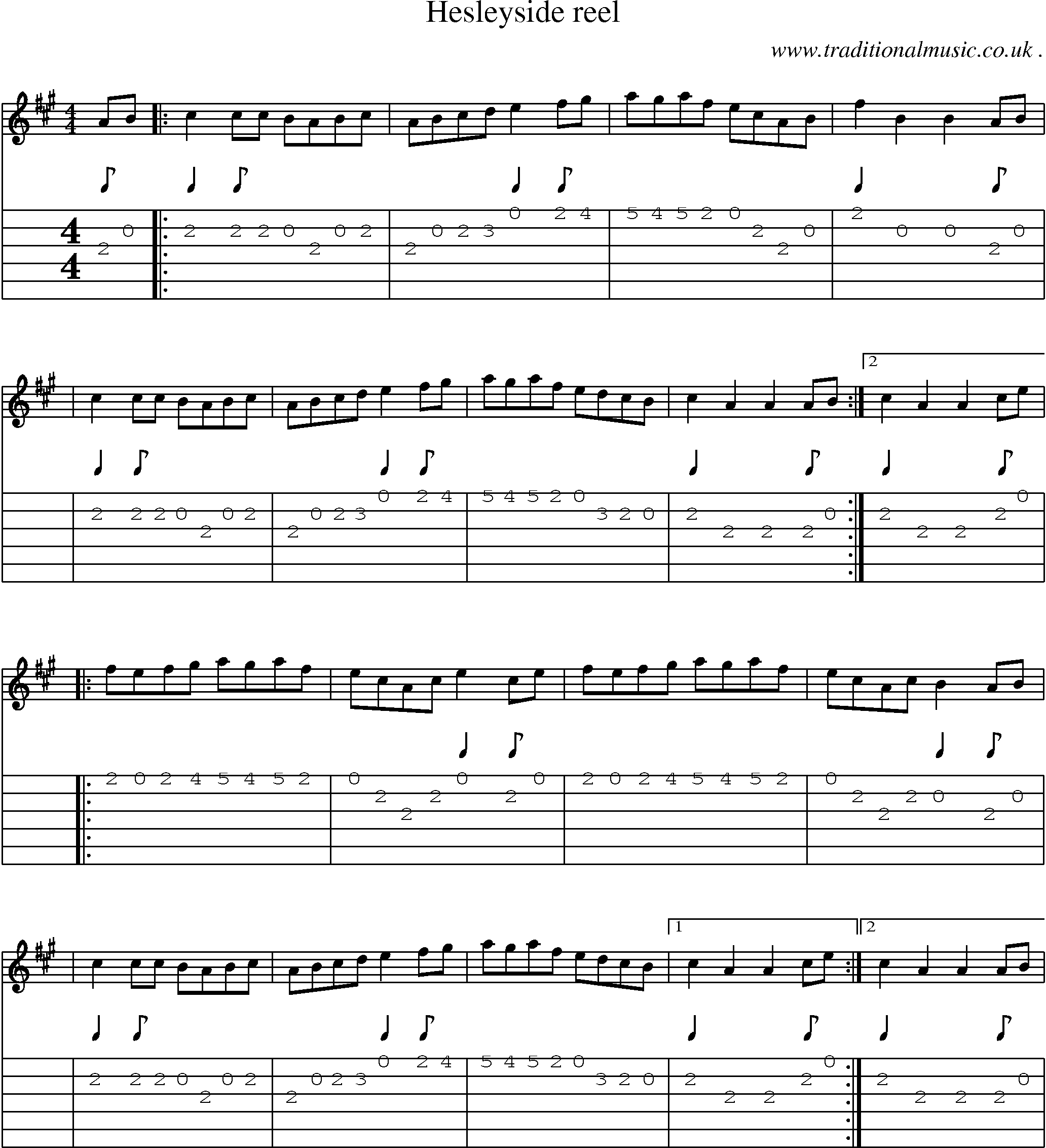 Sheet-Music and Guitar Tabs for Hesleyside Reel