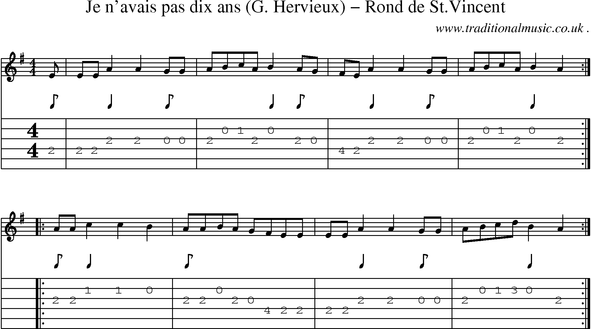 Sheet-Music and Guitar Tabs for Je Navais Pas Dix Ans (g Hervieux) Rond De Stvincent