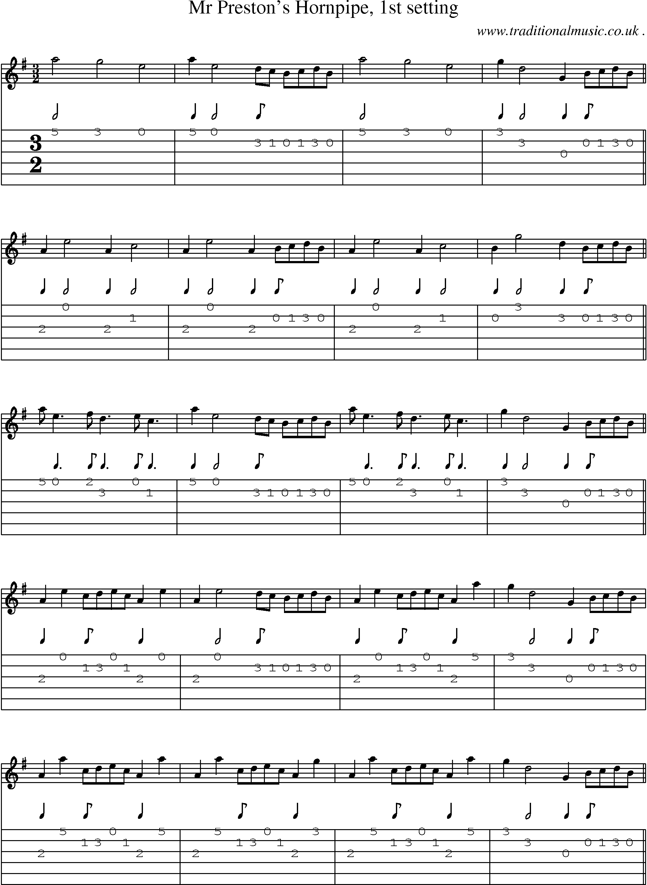 Sheet-Music and Guitar Tabs for Mr Prestons Hornpipe 1st Setting