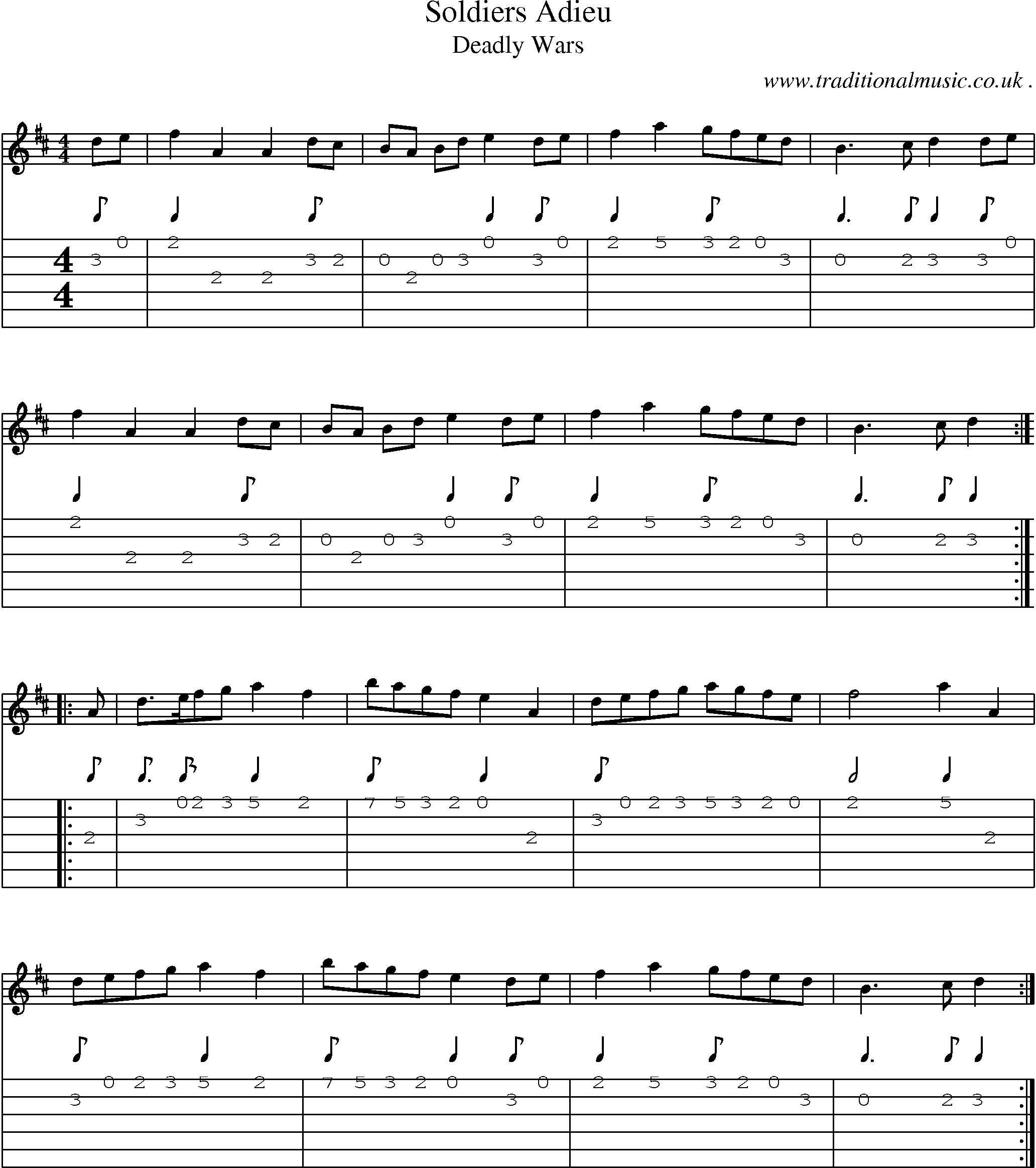 Sheet-Music and Guitar Tabs for Soldiers Adieu