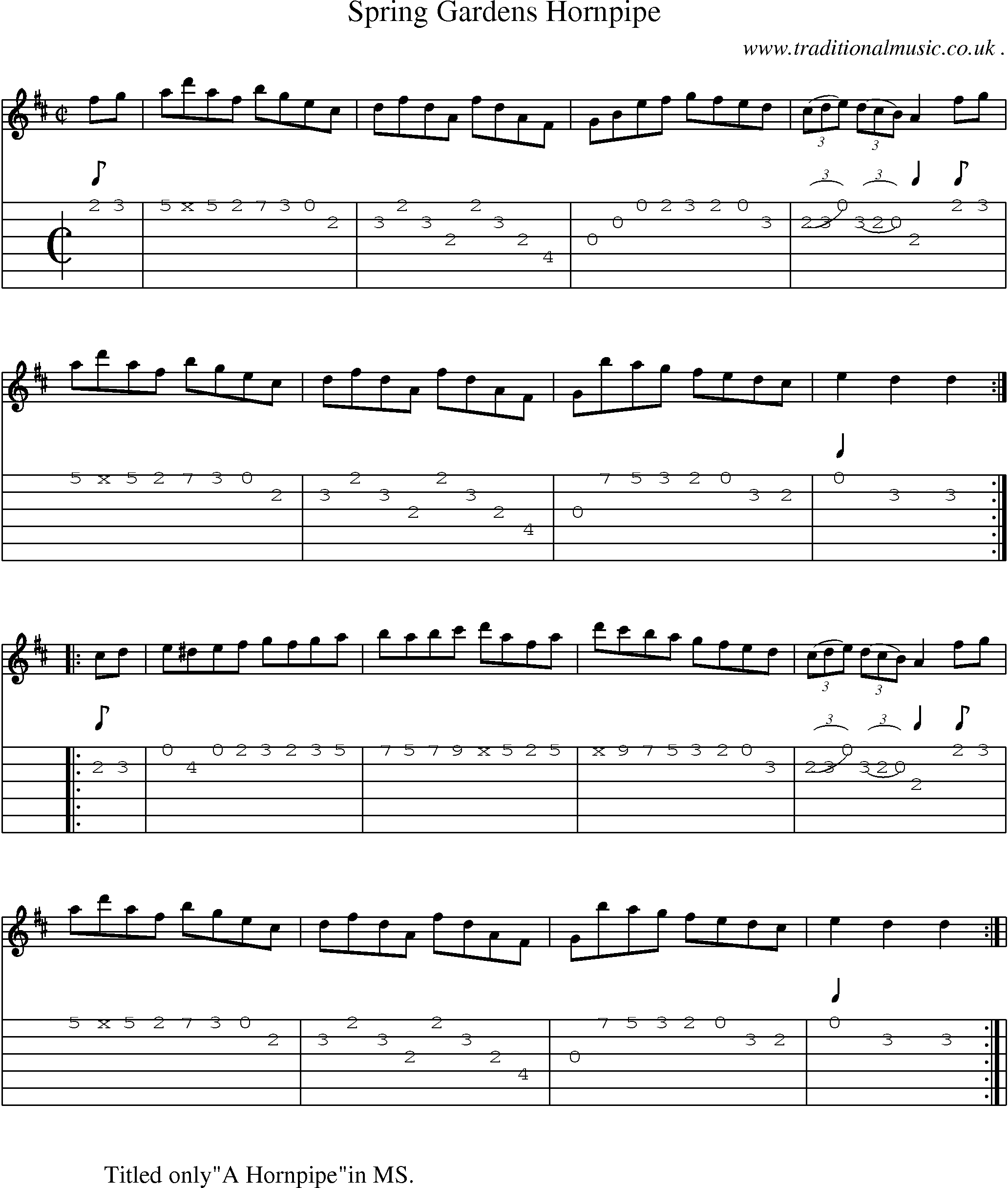 Sheet-Music and Guitar Tabs for Spring Gardens Hornpipe 