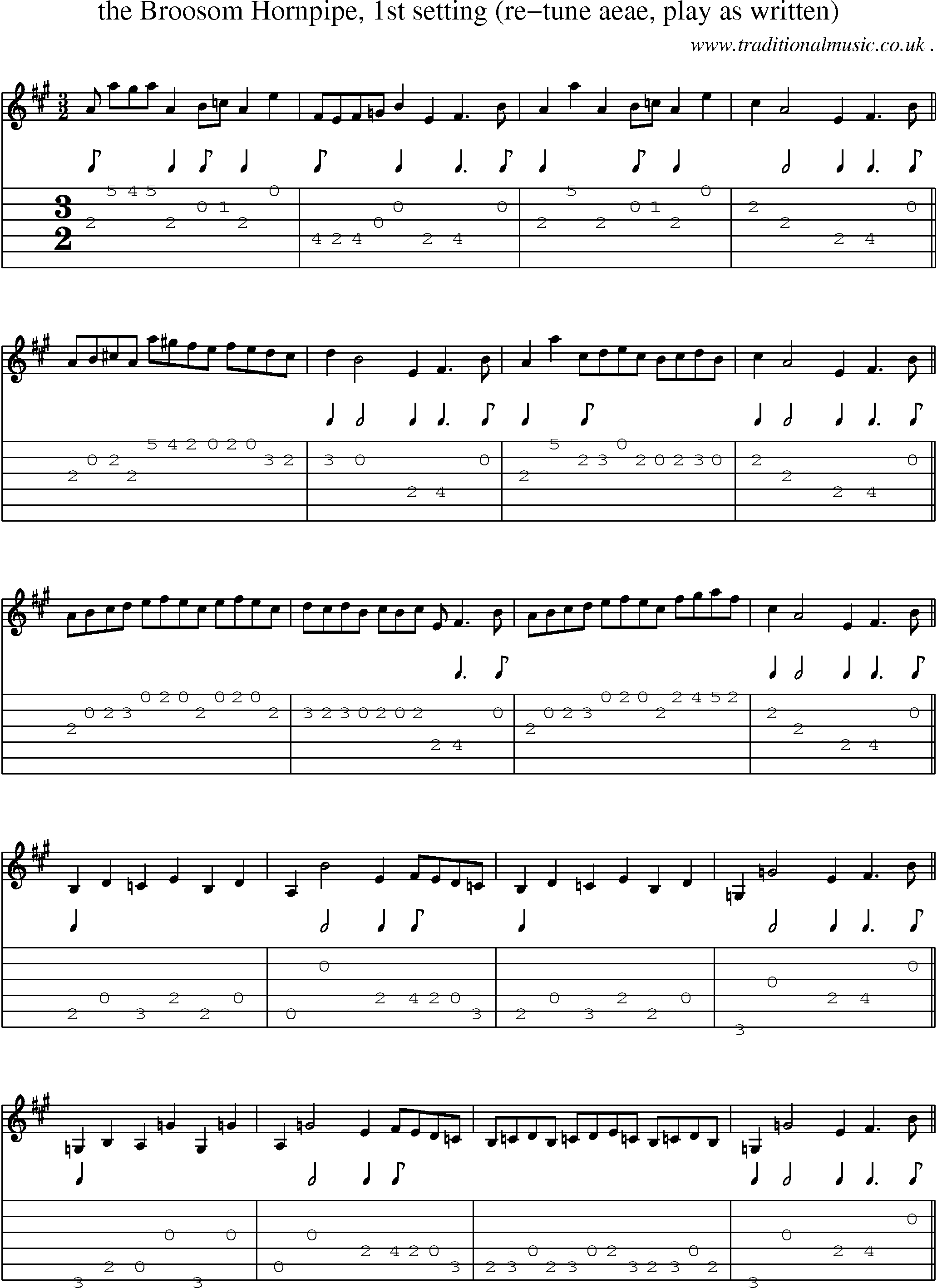 Sheet-Music and Guitar Tabs for The Broosom Hornpipe 1st Setting (re-tune Aeae Play As Written)