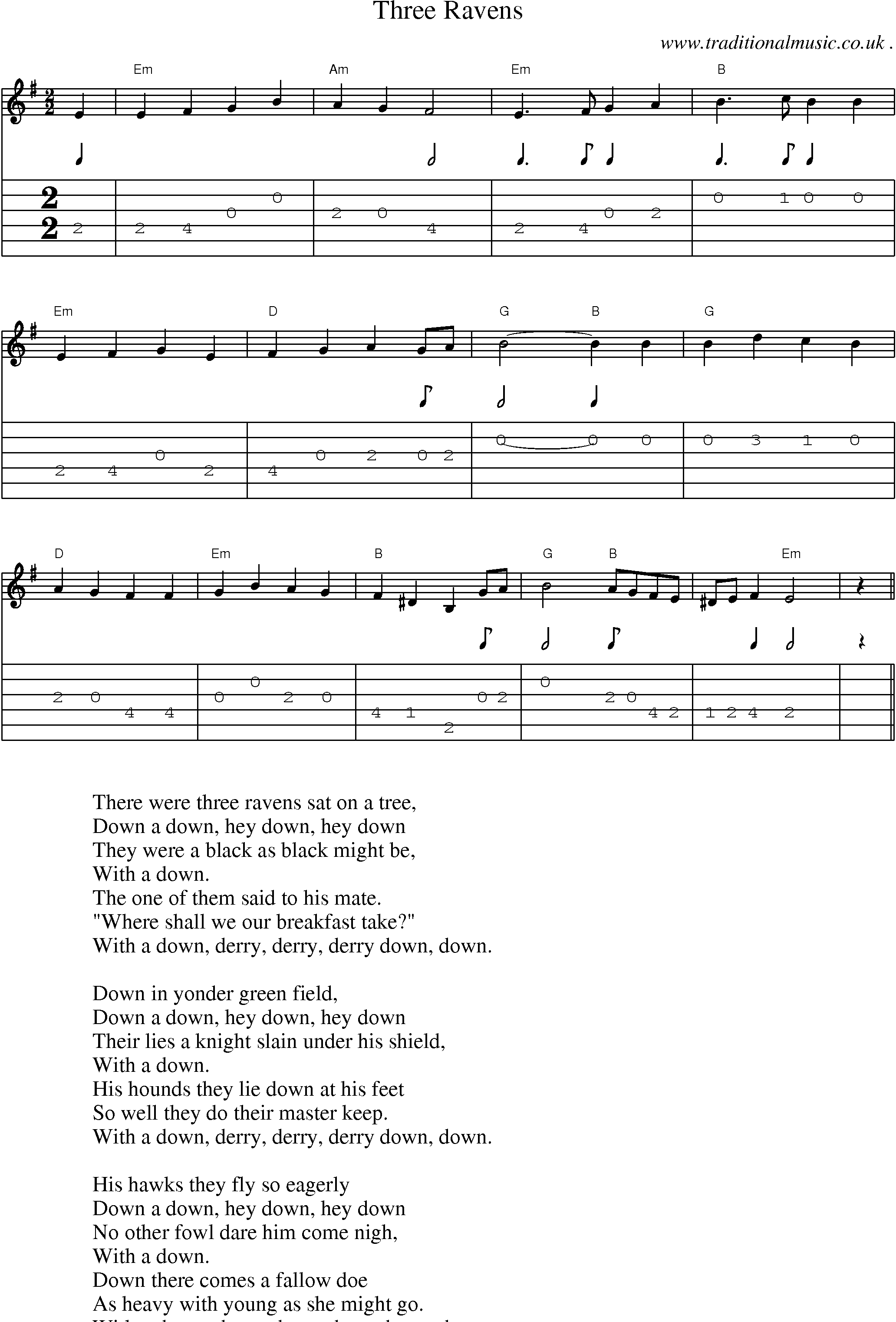Sheet-Music and Guitar Tabs for Three Ravens