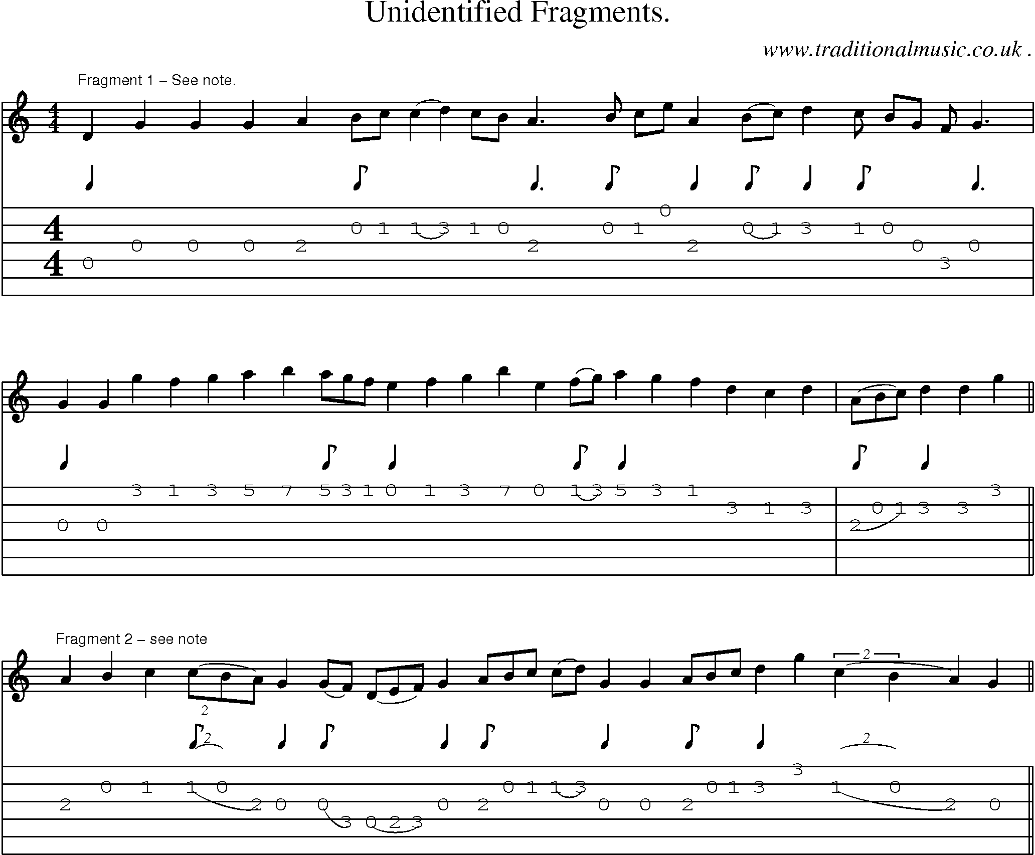 Sheet-Music and Guitar Tabs for Unidentified Fragments