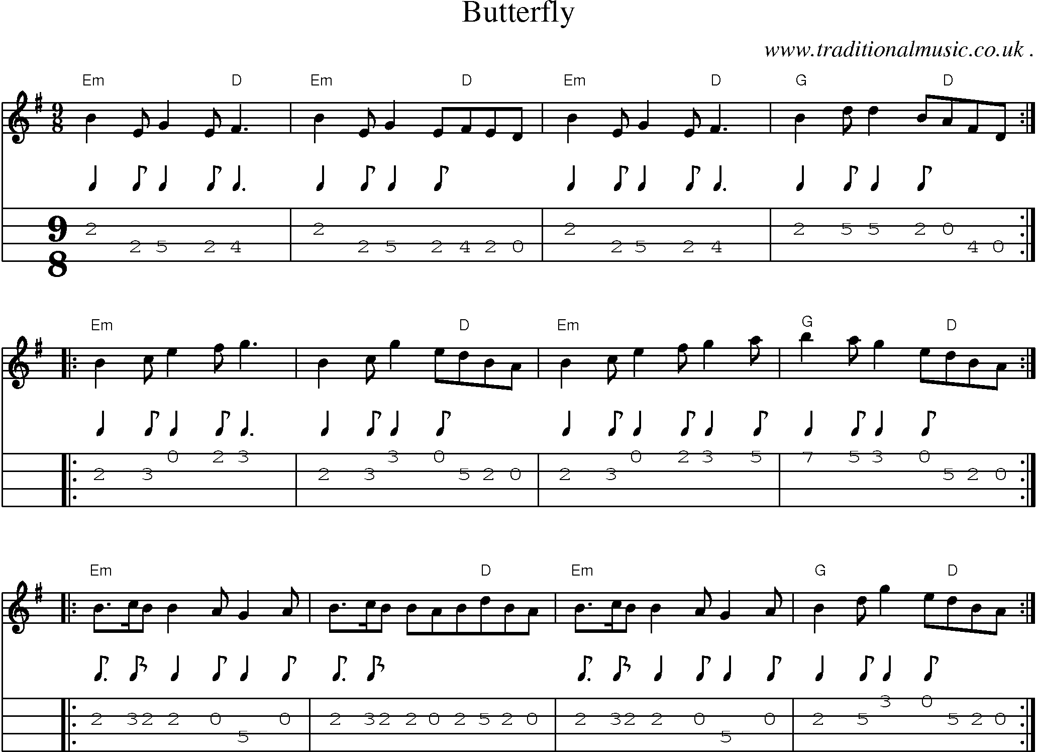 Sheet-Music and Mandolin Tabs for Butterfly