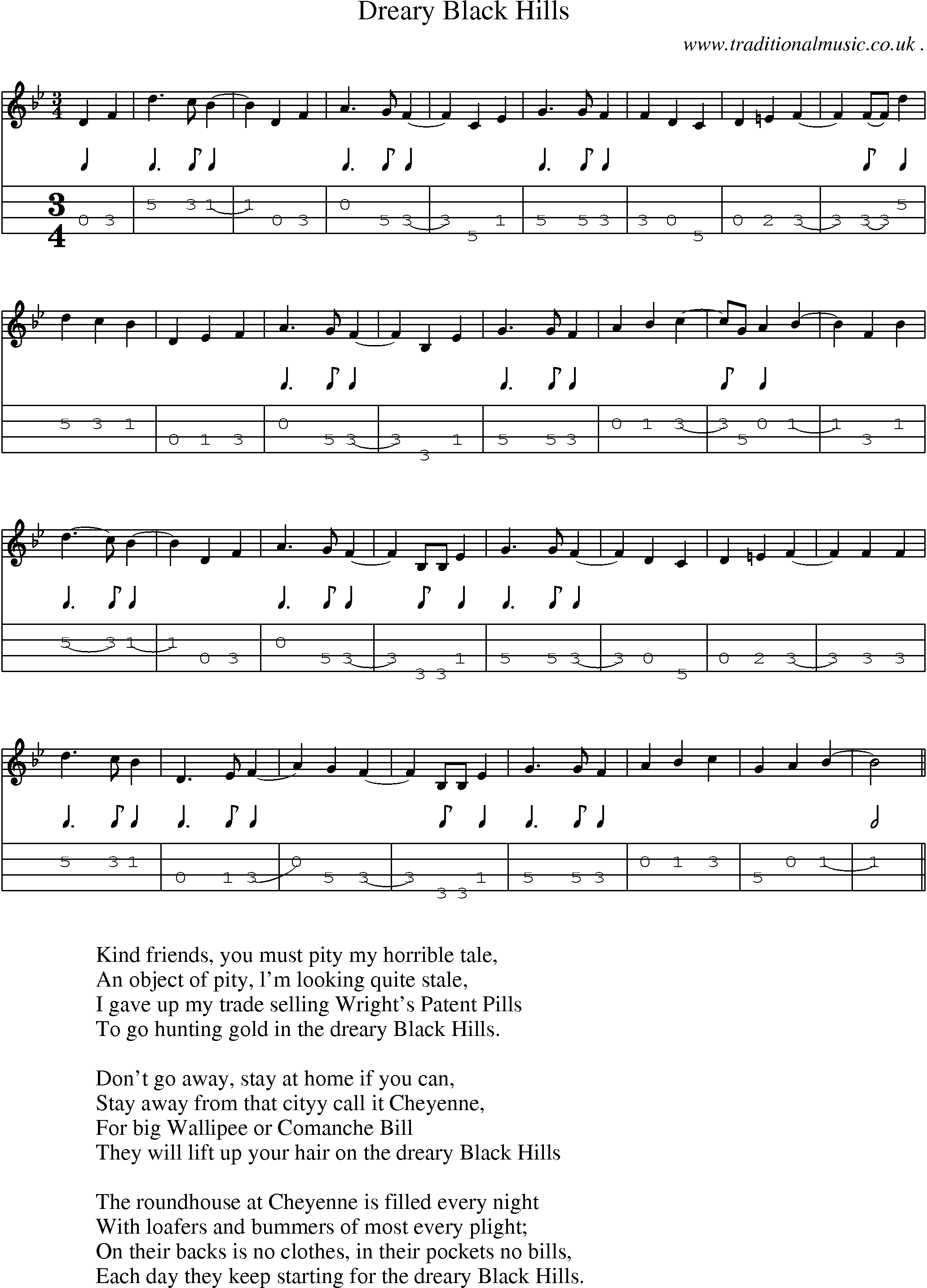 Sheet-Music and Mandolin Tabs for Dreary Black Hills