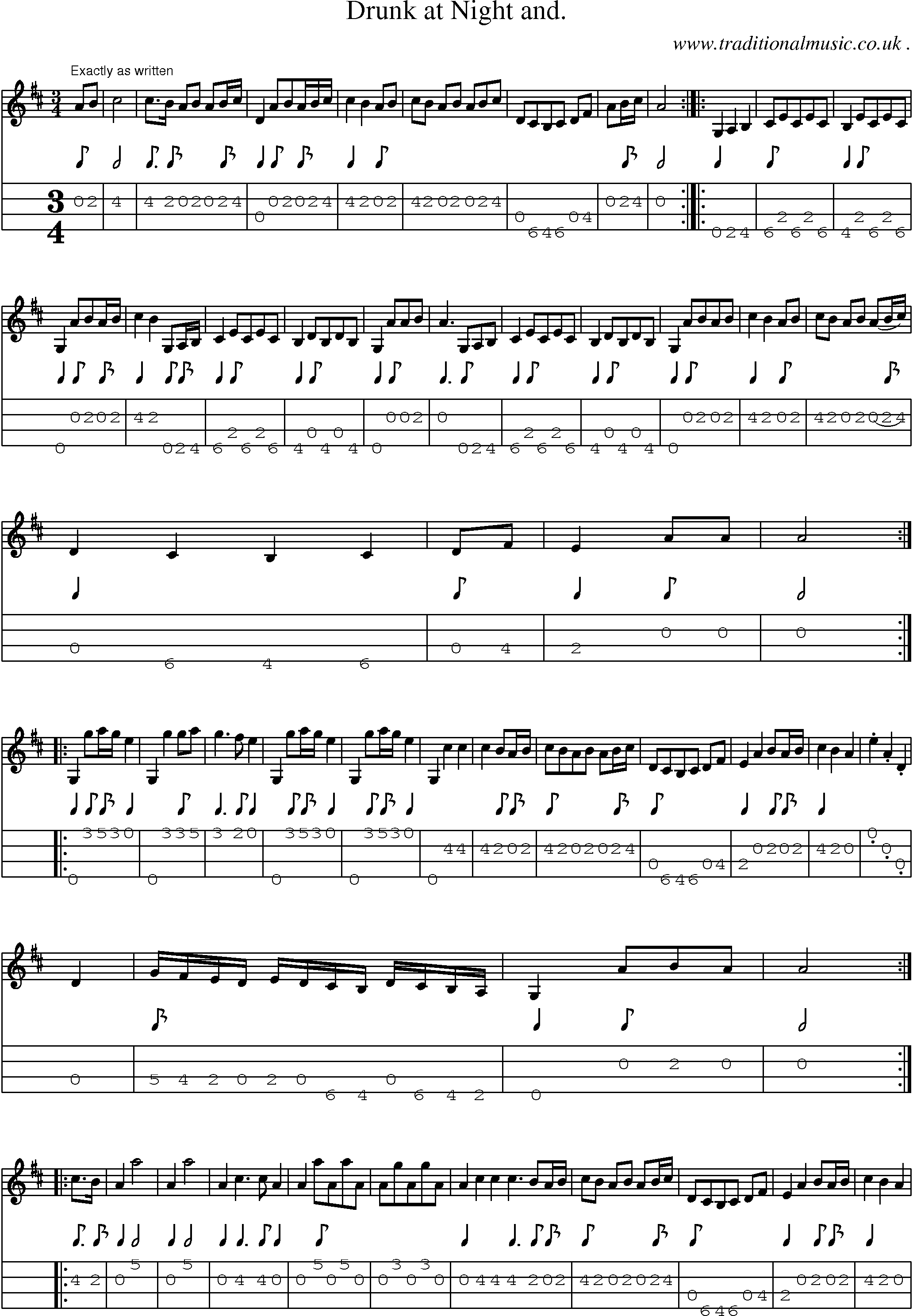 Sheet-Music and Mandolin Tabs for Drunk At Night And