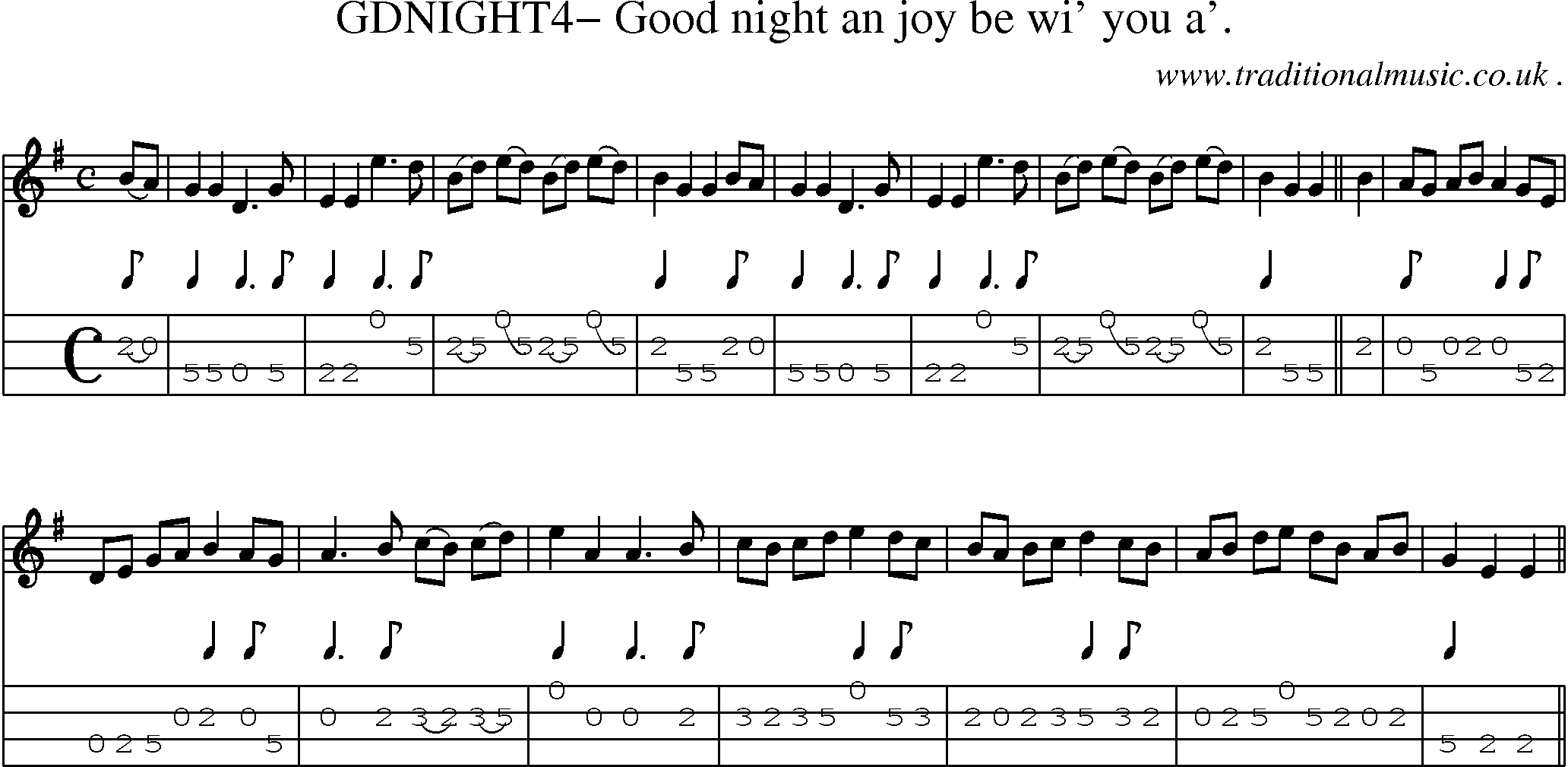 Sheet-Music and Mandolin Tabs for Gdnight4 Good Night An Joy Be Wi You A