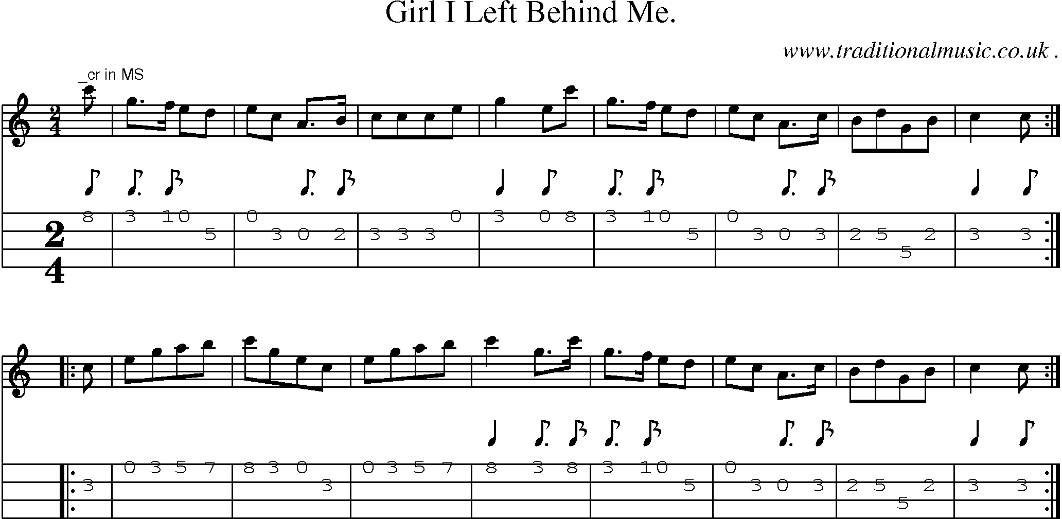 Sheet-Music and Mandolin Tabs for Girl I Left Behind Me