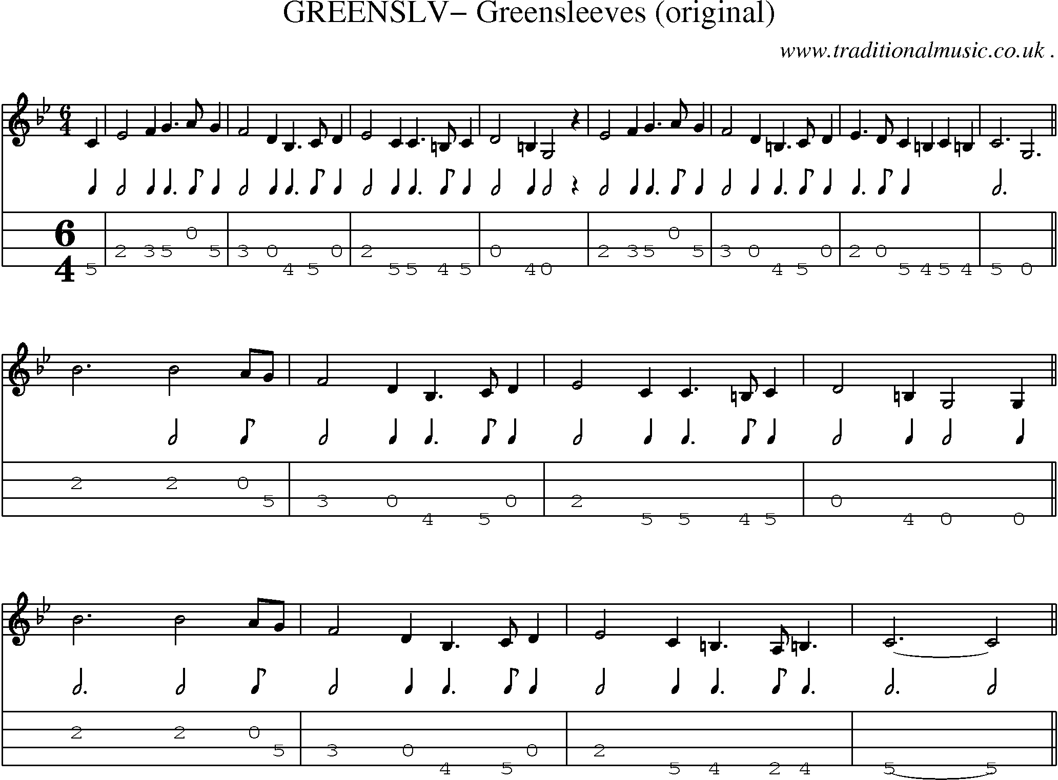 Sheet-Music and Mandolin Tabs for Greenslv Greensleeves (original)