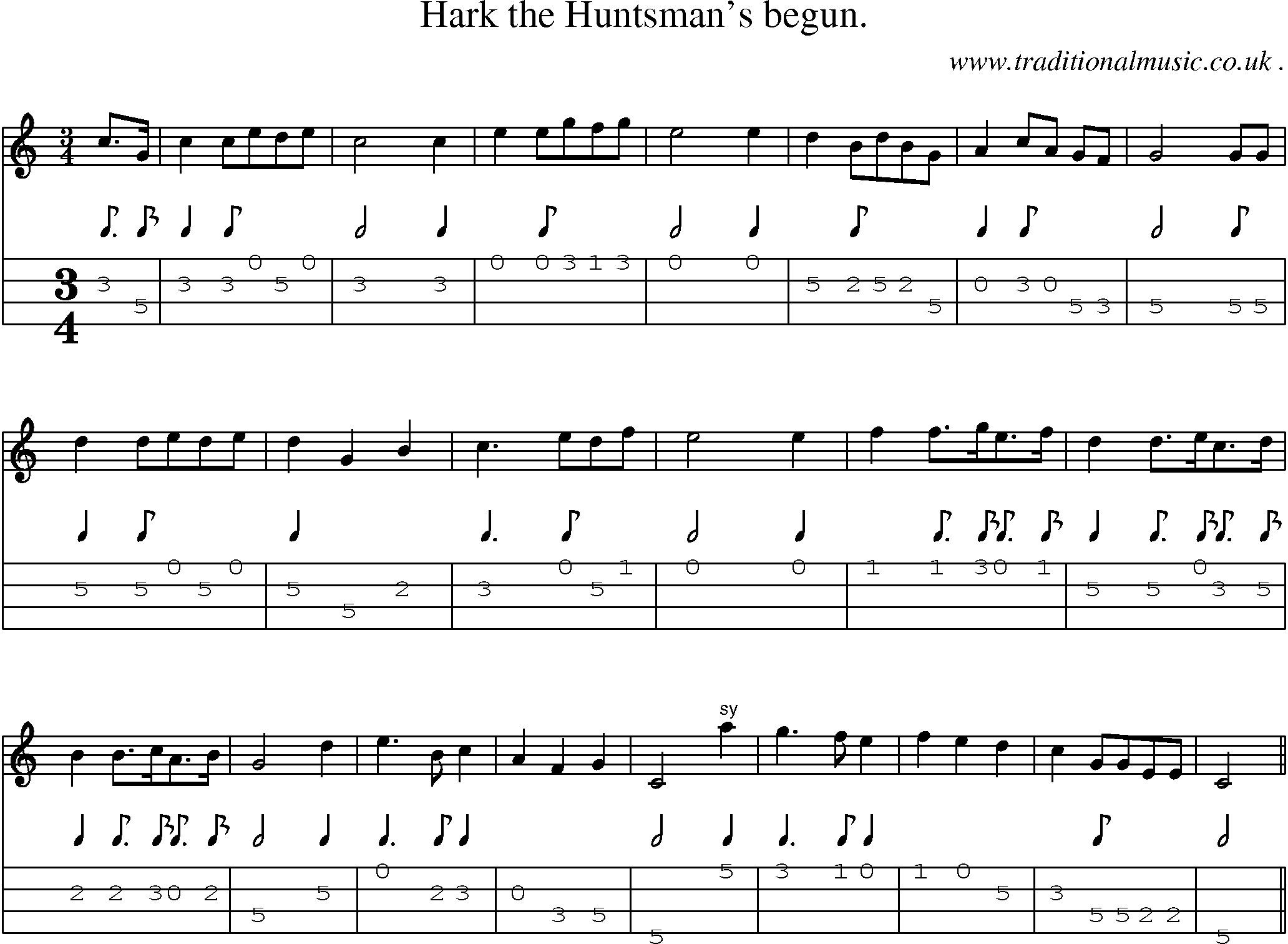 Sheet-Music and Mandolin Tabs for Hark The Huntsmans Begun