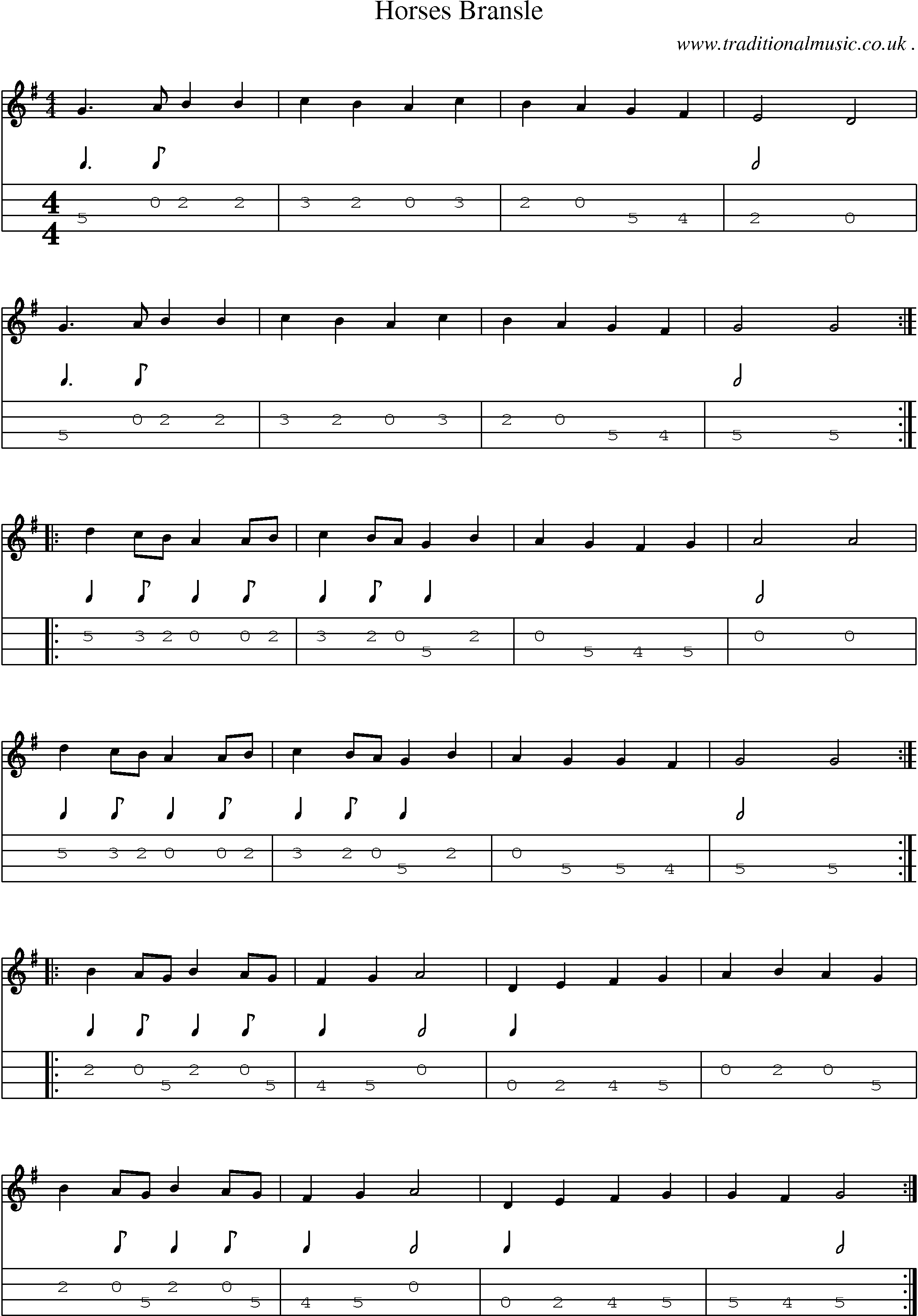 Sheet-Music and Mandolin Tabs for Horses Bransle