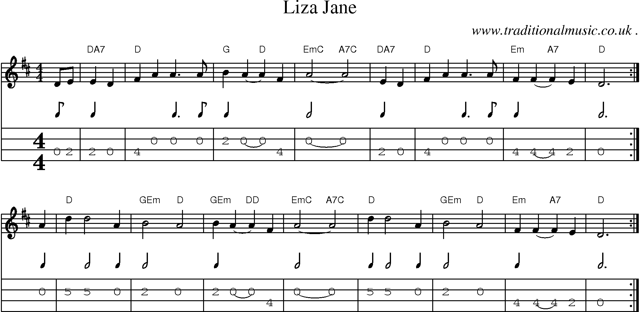 Sheet-Music and Mandolin Tabs for Liza Jane