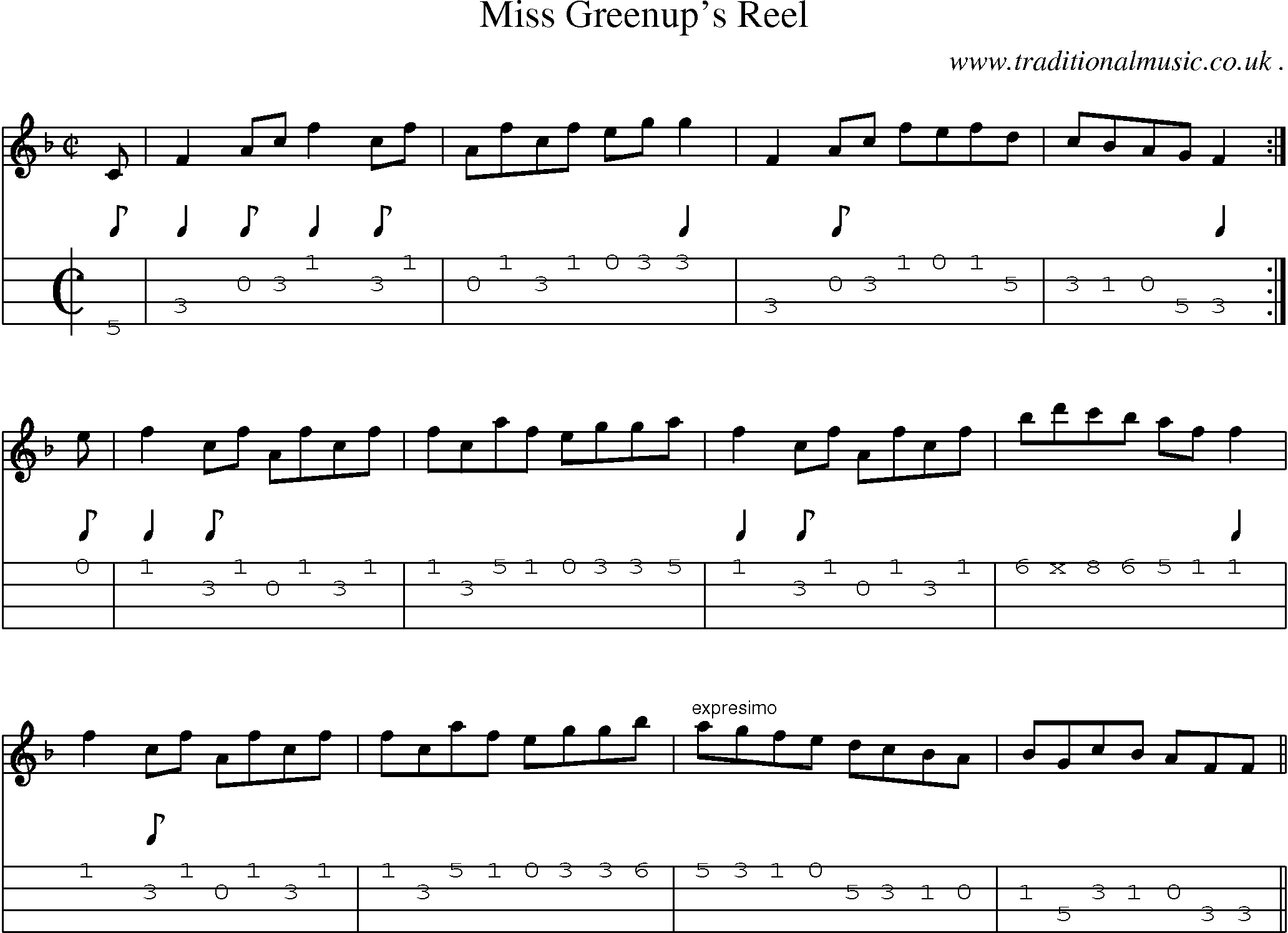 Sheet-Music and Mandolin Tabs for Miss Greenups Reel
