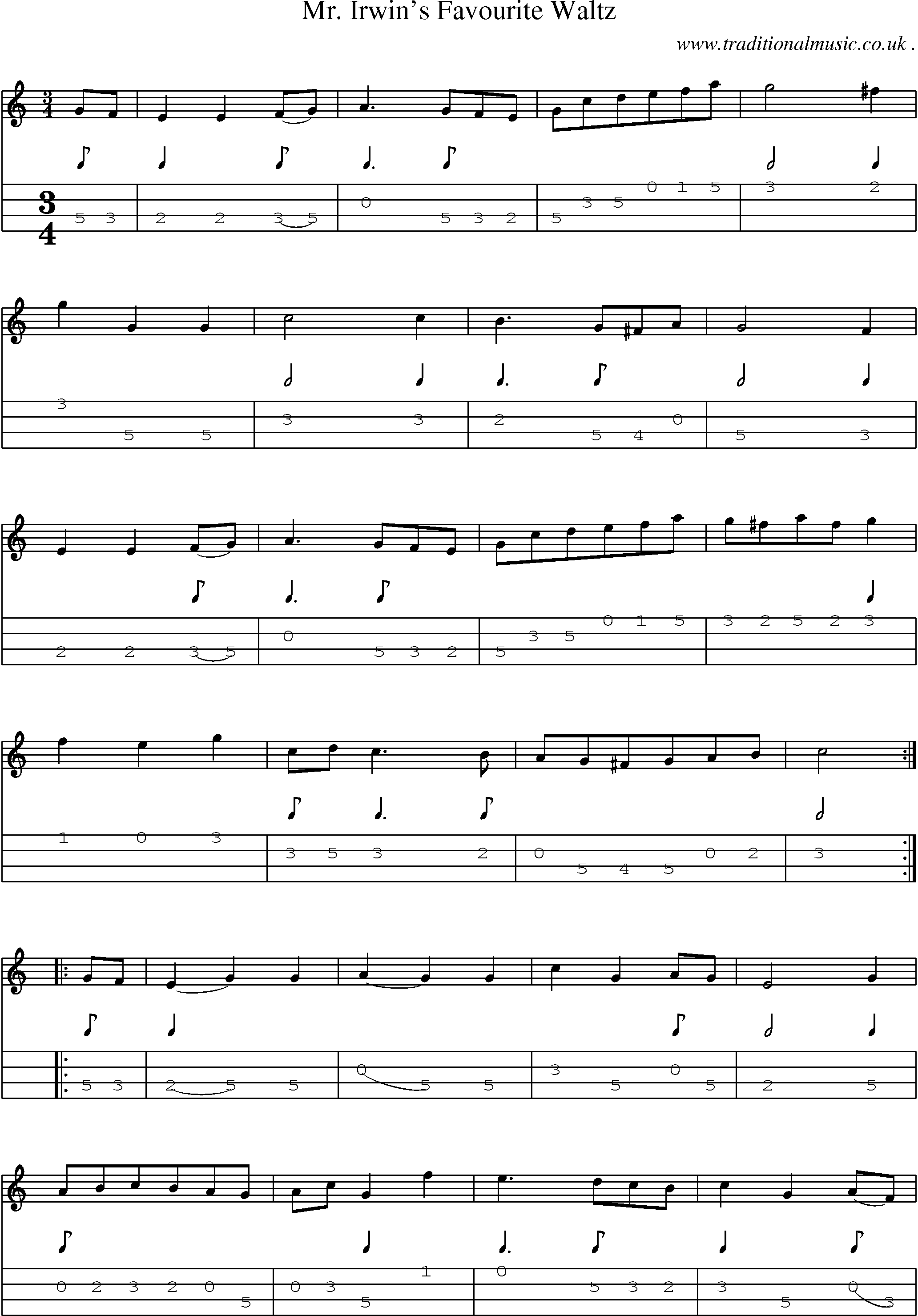 Sheet-Music and Mandolin Tabs for Mr Irwins Favourite Waltz