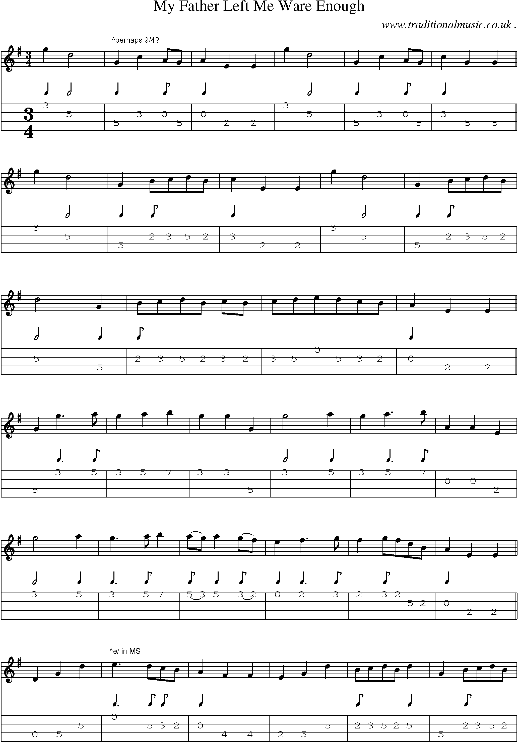 Sheet-Music and Mandolin Tabs for My Father Left Me Ware Enough