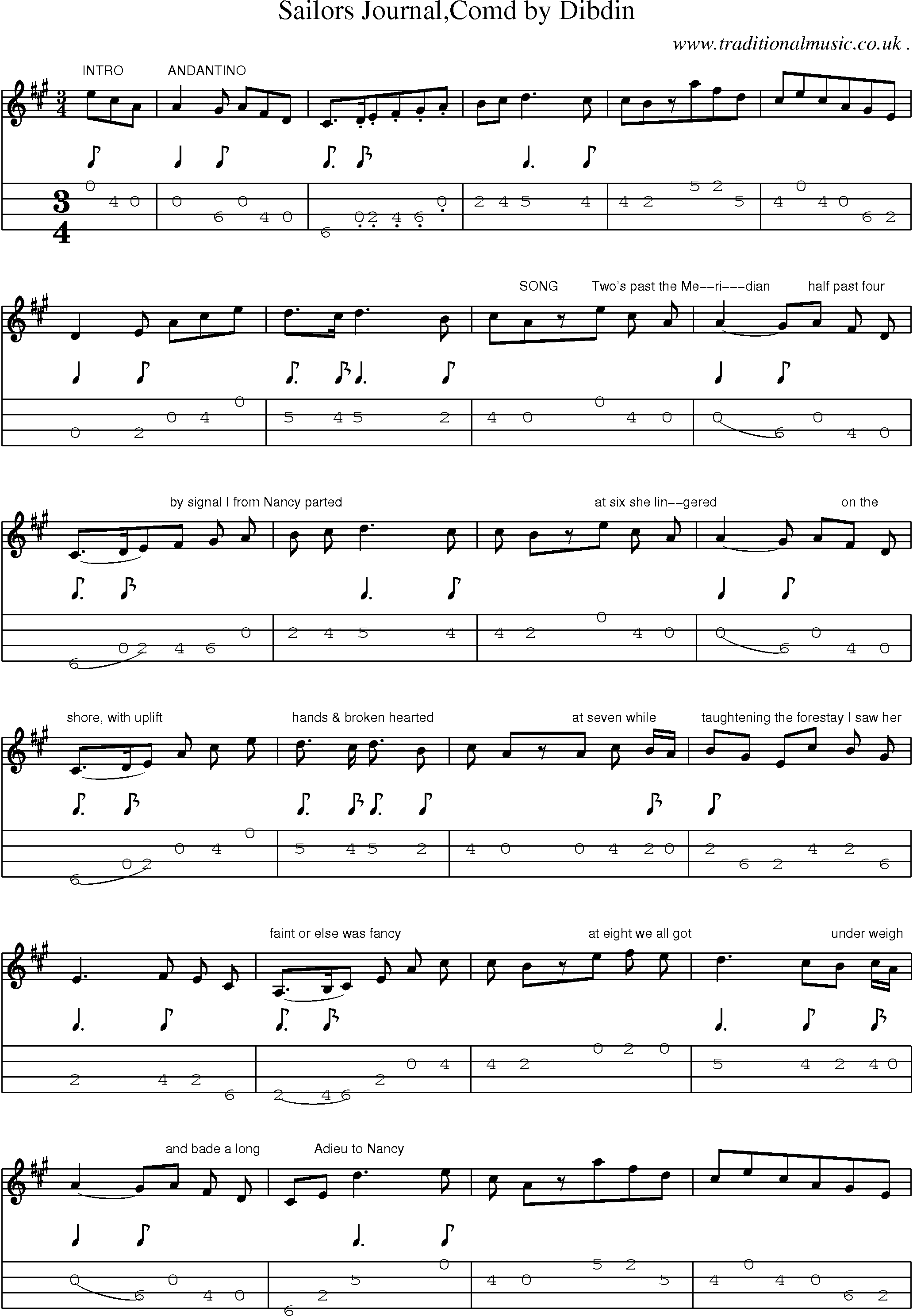 Sheet-Music and Mandolin Tabs for Sailors Journalcomd By Dibdin