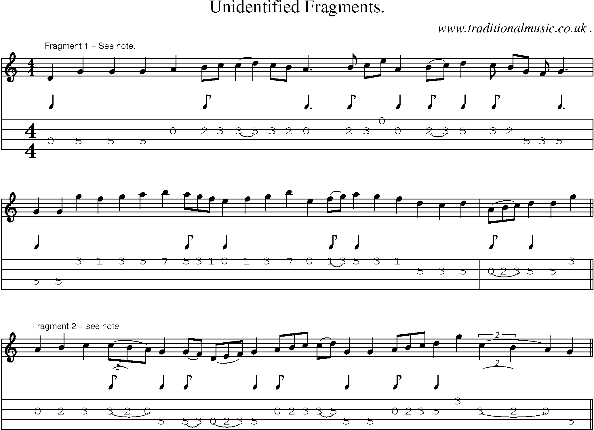 Sheet-Music and Mandolin Tabs for Unidentified Fragments