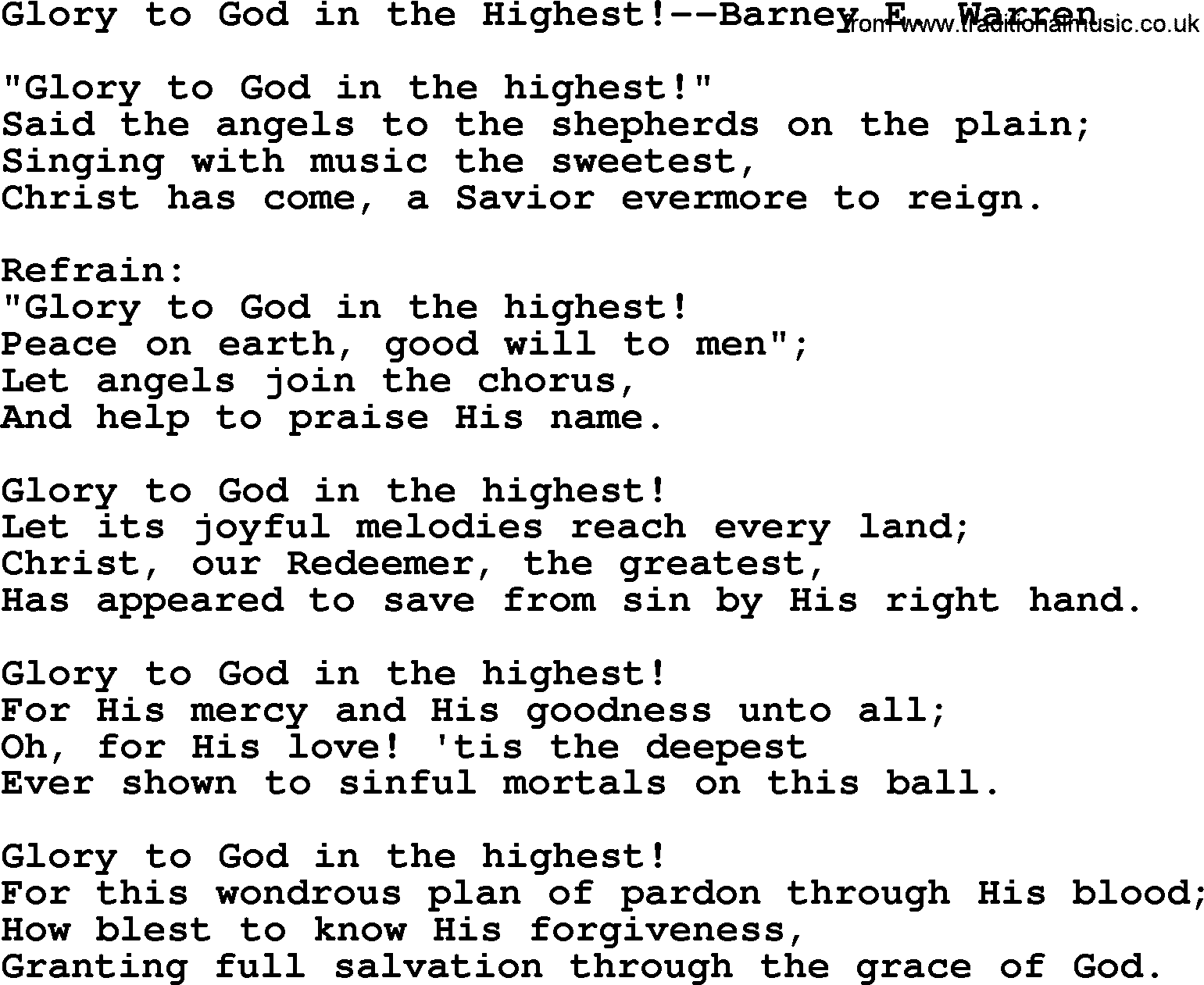 Forgiveness hymns, Hymn: Glory To God In The Highest!-Barney E. Warren, lyrics with PDF