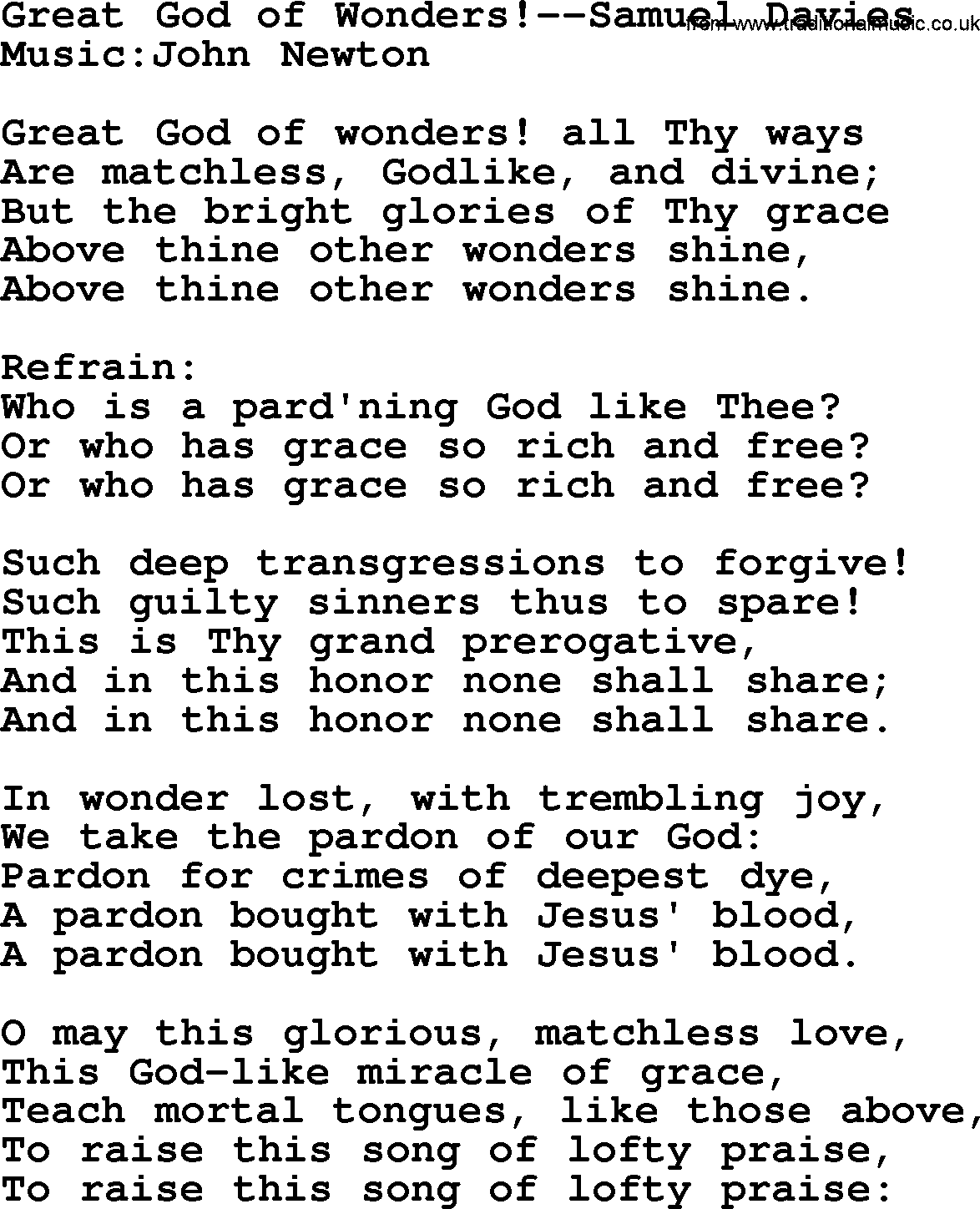 Forgiveness hymns, Hymn: Great God Of Wonders!-Samuel Davies, lyrics with PDF