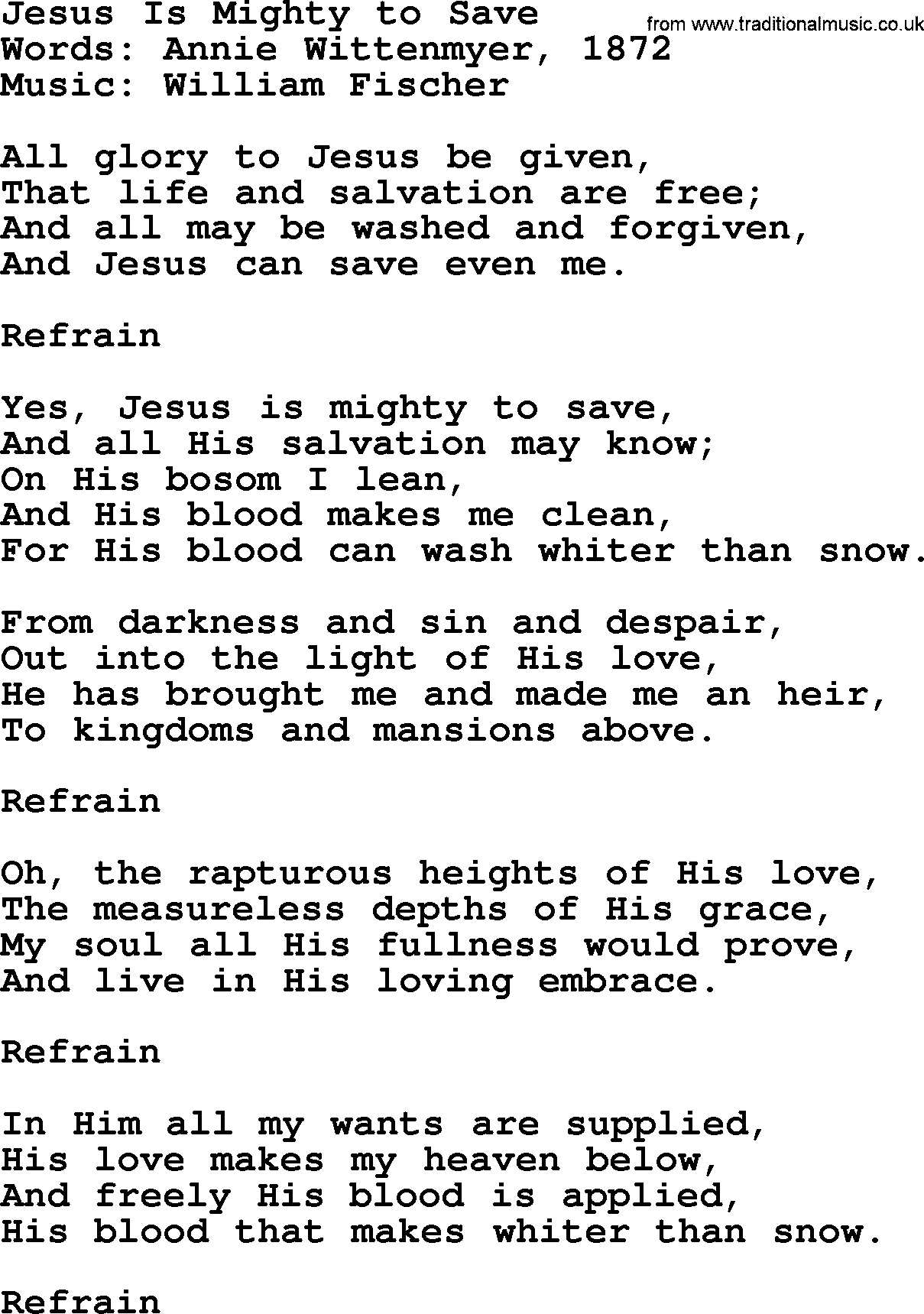 Forgiveness hymns, Hymn: Jesus Is Mighty To Save, lyrics with PDF