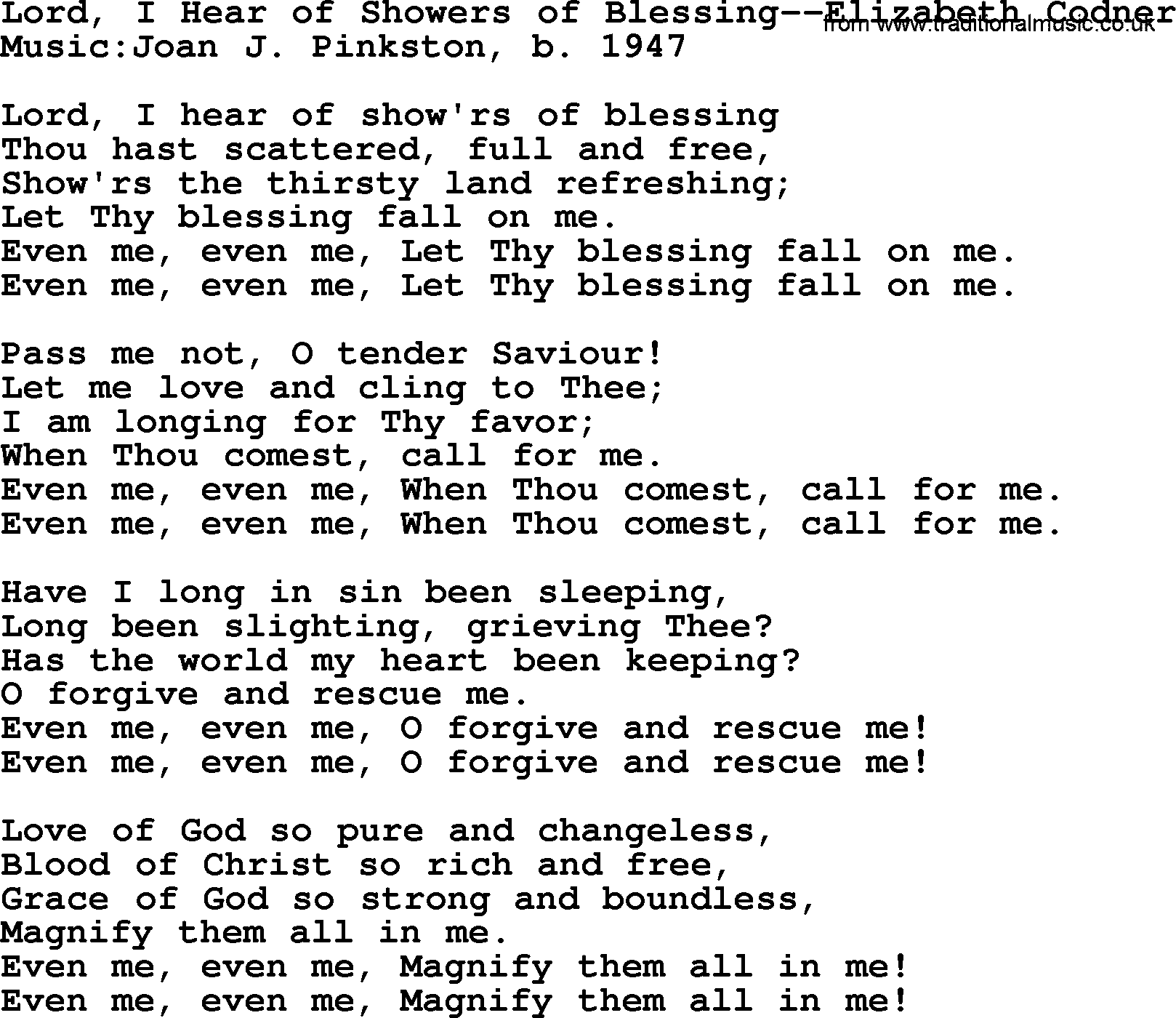Forgiveness hymns, Hymn: Lord, I Hear Of Showers Of Blessing-Elizabethcodner, lyrics with PDF