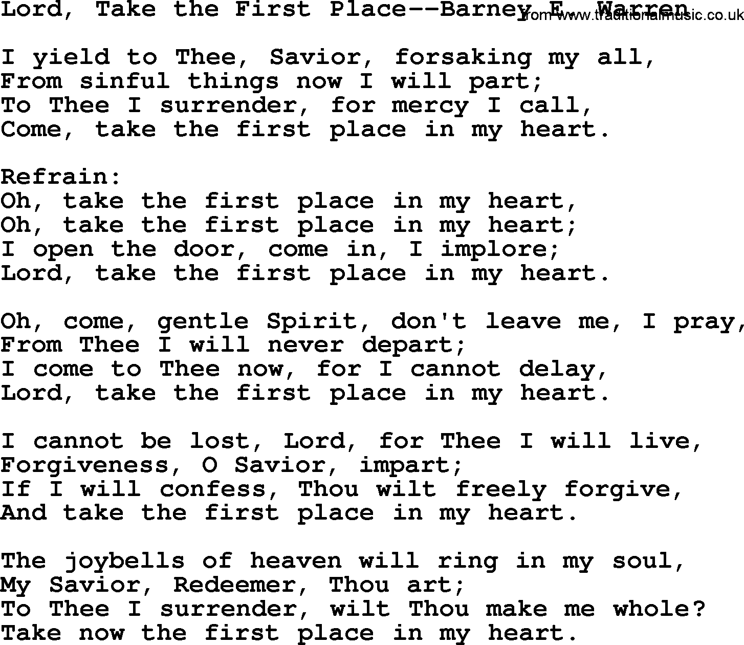 Forgiveness hymns, Hymn: Lord, Take The First Place-Barney E. Warren, lyrics with PDF