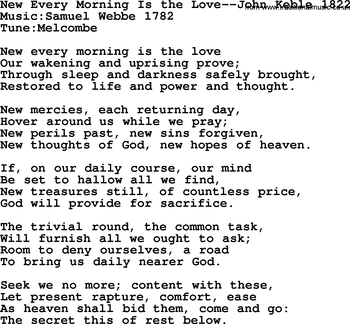 Forgiveness hymns, Hymn: New Every Morning Is The Love-John Keble 1822, lyrics with PDF