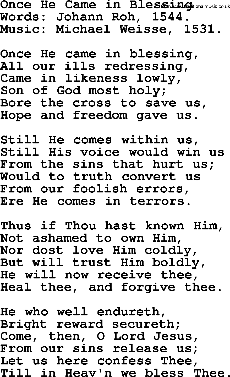 Forgiveness hymns, Hymn: Once He Came In Blessing, lyrics with PDF