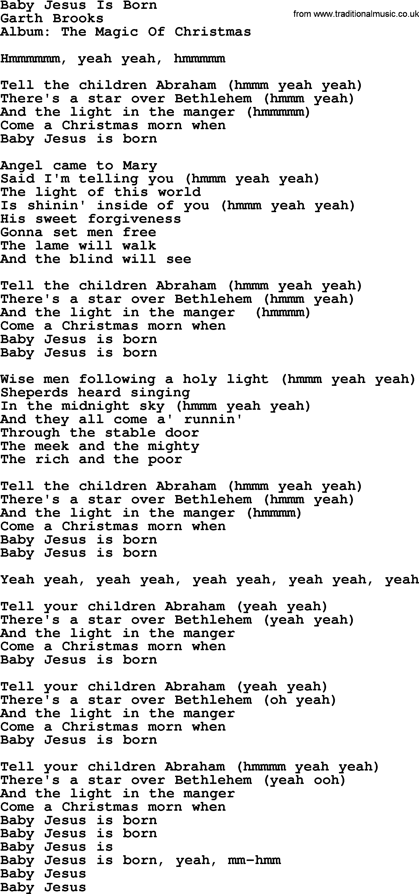 Garth Brooks song: Baby Jesus Is Born, lyrics