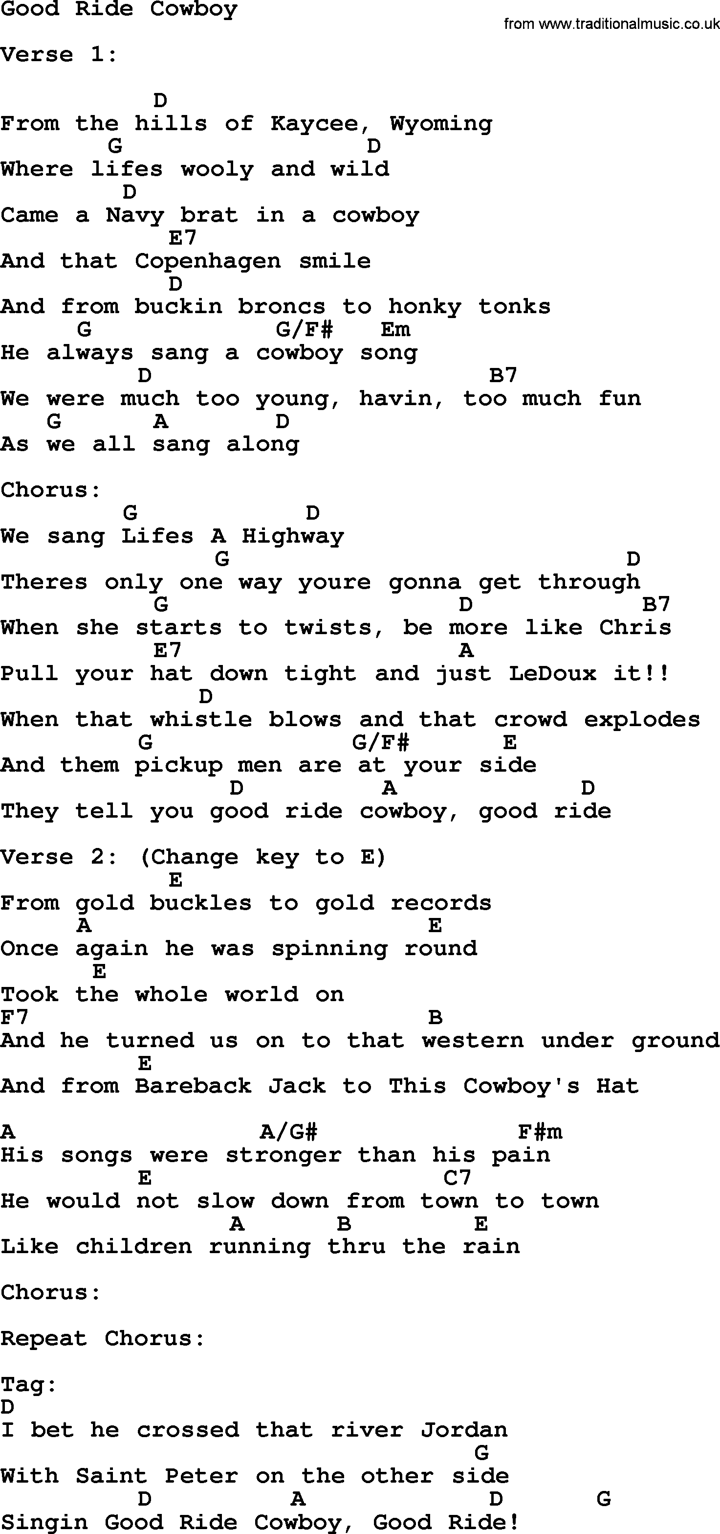 Garth Brooks song: Good Ride Cowboy, lyrics and chords