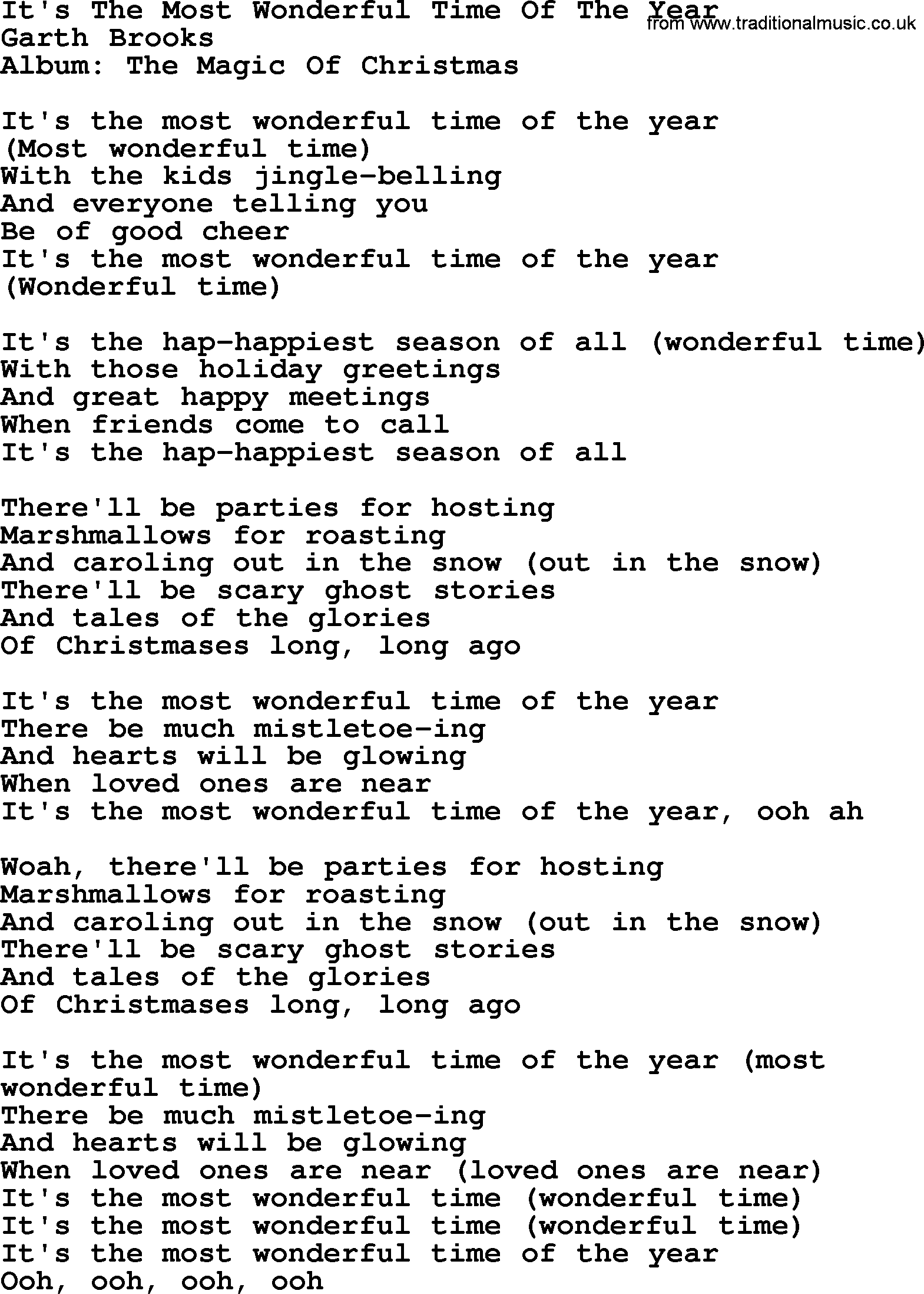 Garth Brooks song: It's The Most Wonderful Time Of The Year, lyrics
