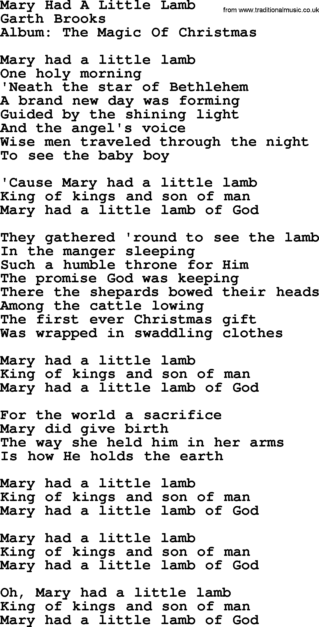 Garth Brooks song: Mary Had A Little Lamb, lyrics