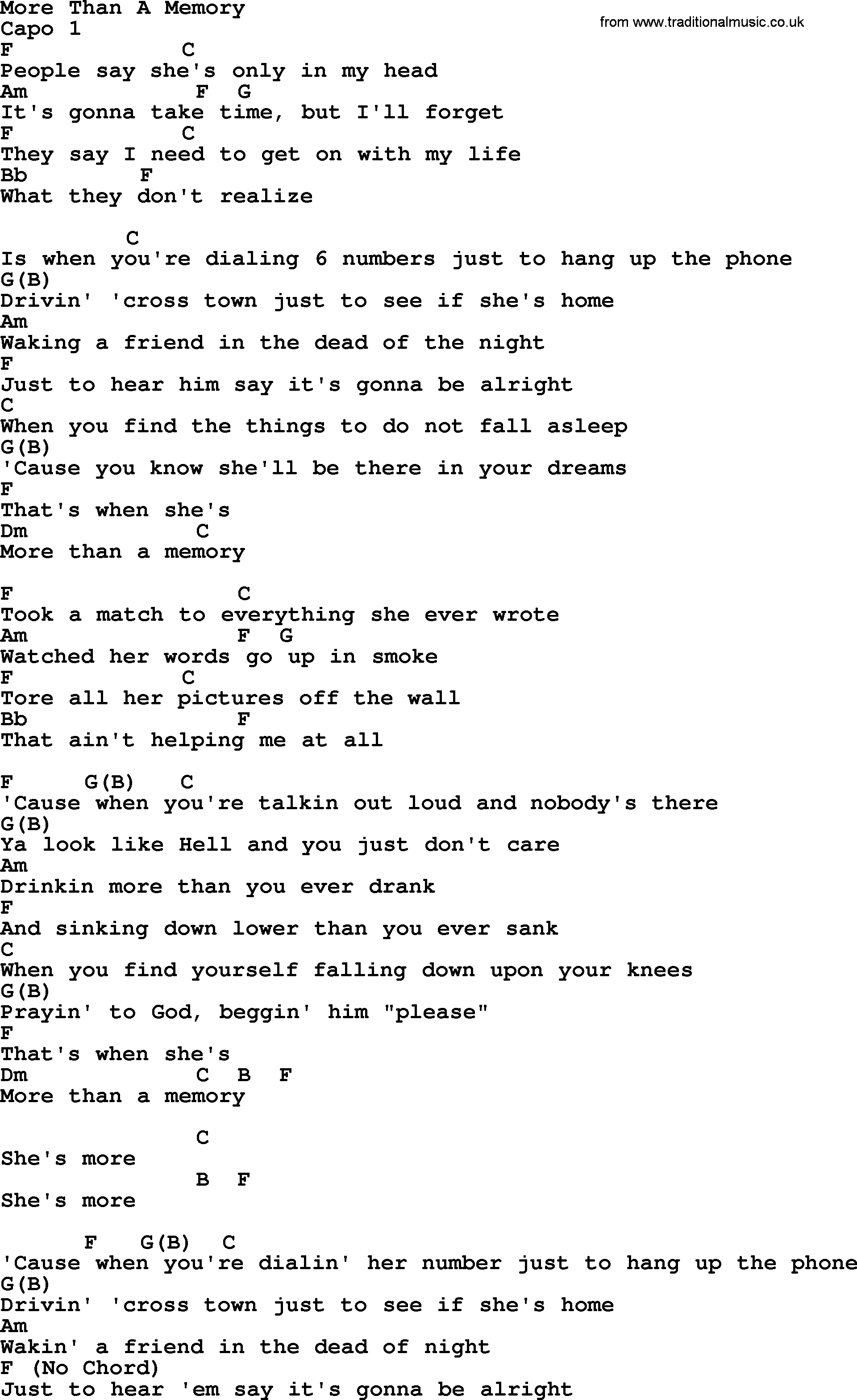 Garth Brooks song: More Than A Memory, lyrics and chords