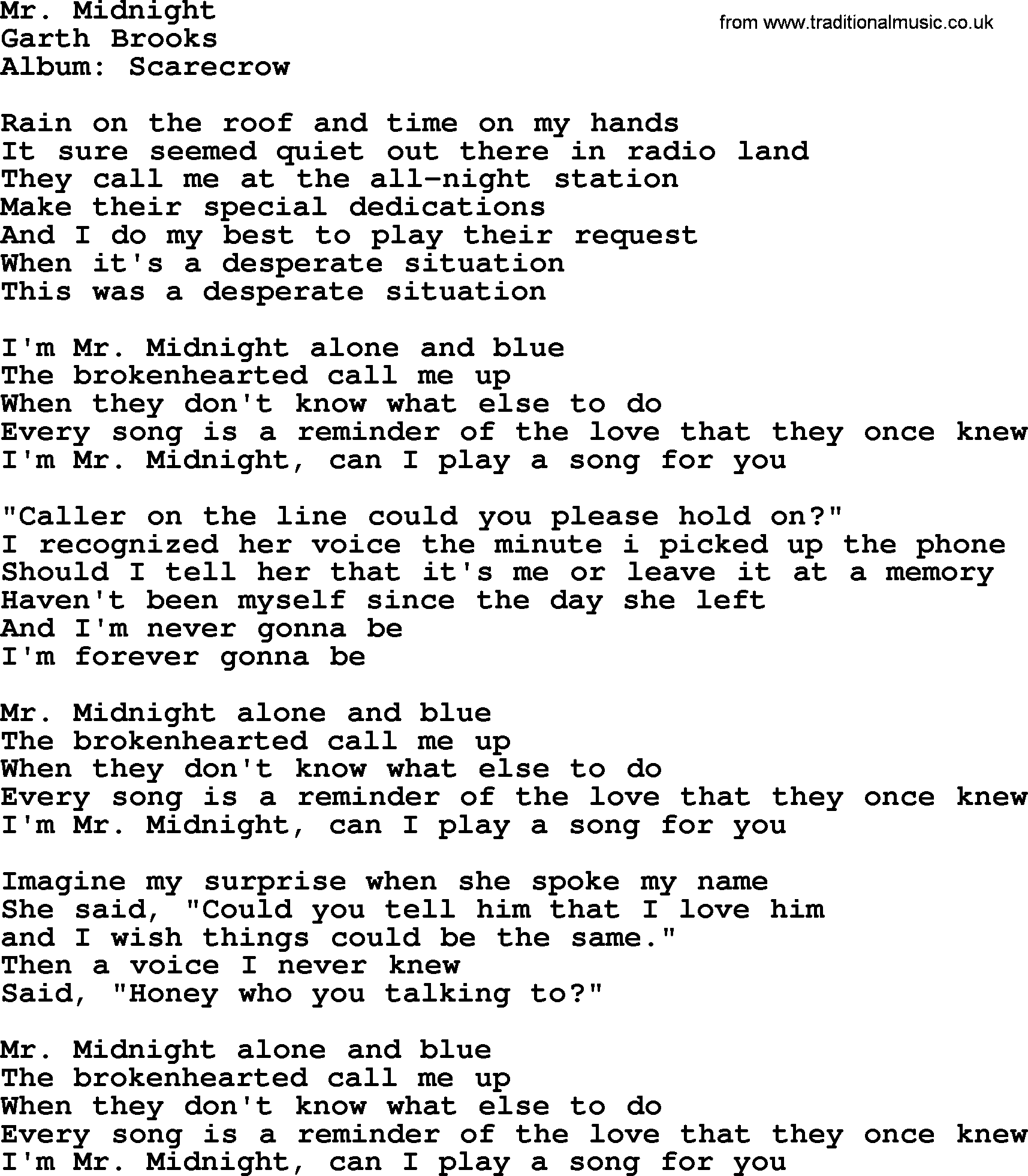 Garth Brooks song: Mr. Midnight, lyrics