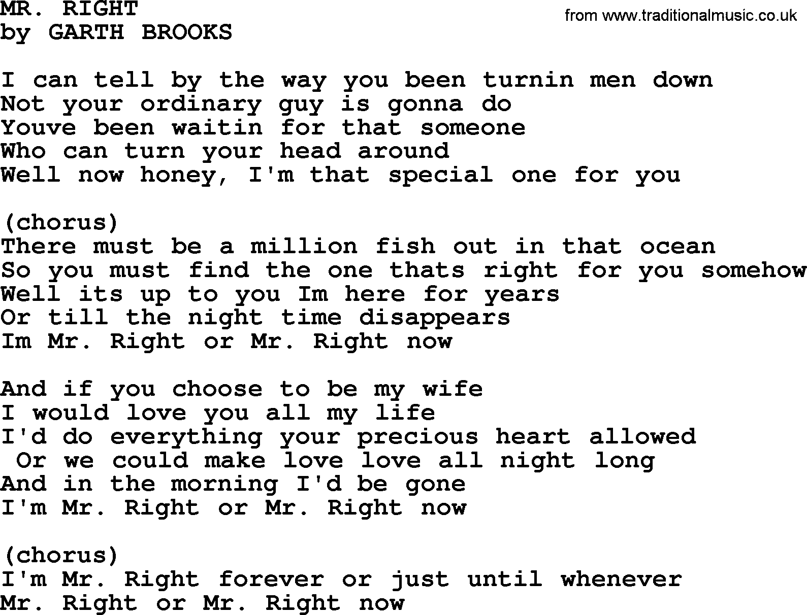 Garth Brooks song: Mr. Right, lyrics