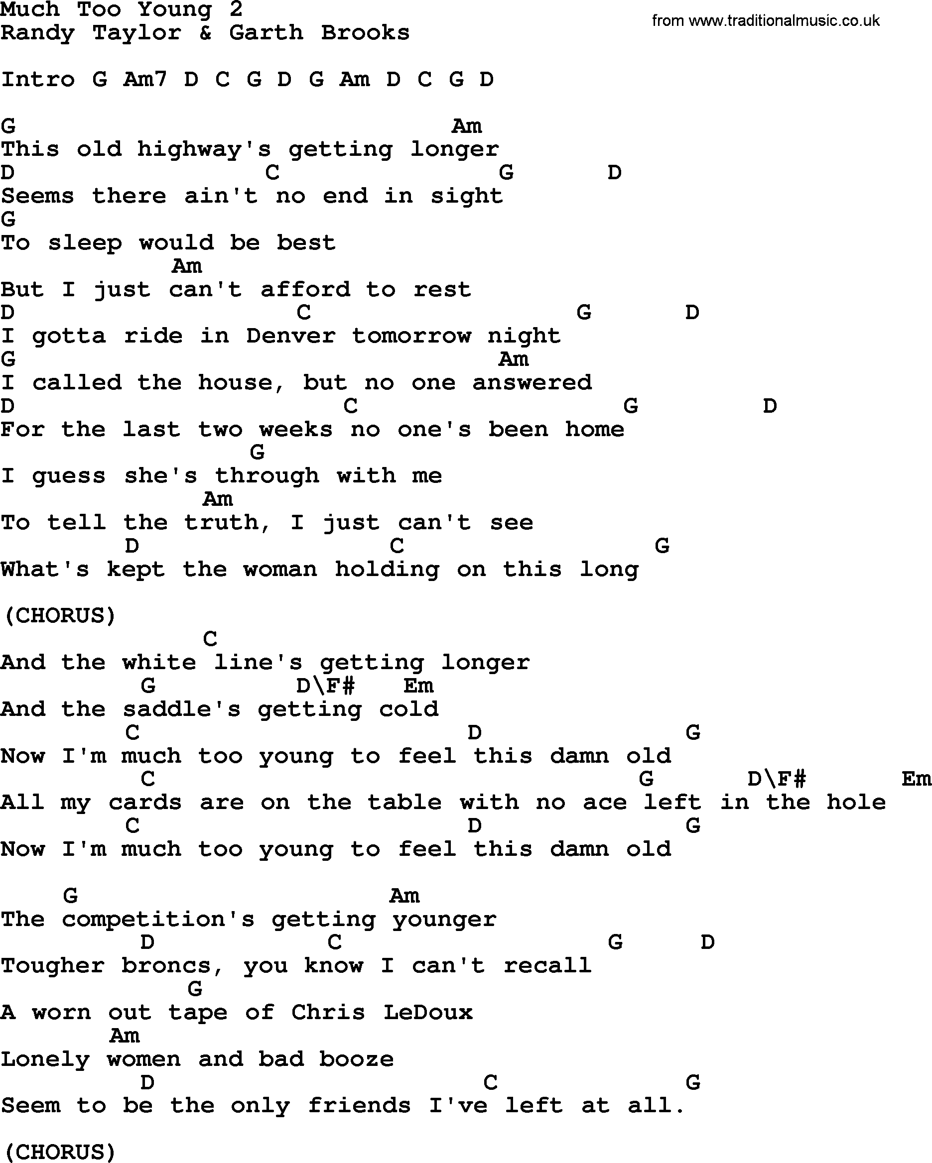 Garth Brooks song: Much Too Young 2, lyrics and chords