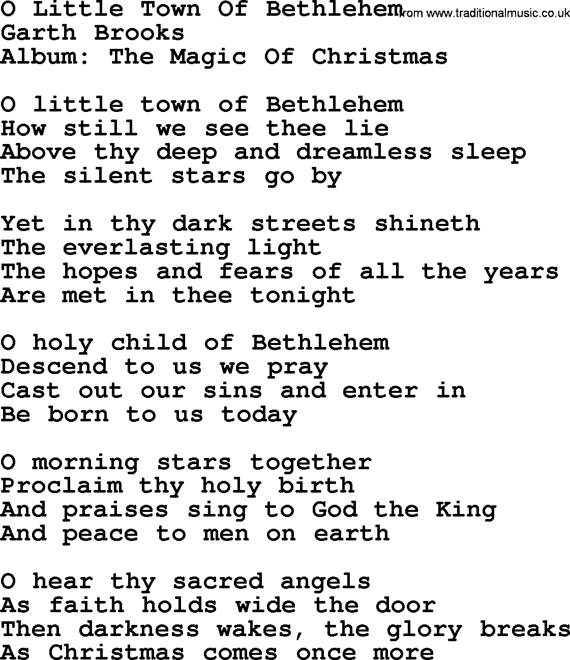Garth Brooks song: O Little Town Of Bethlehem, lyrics