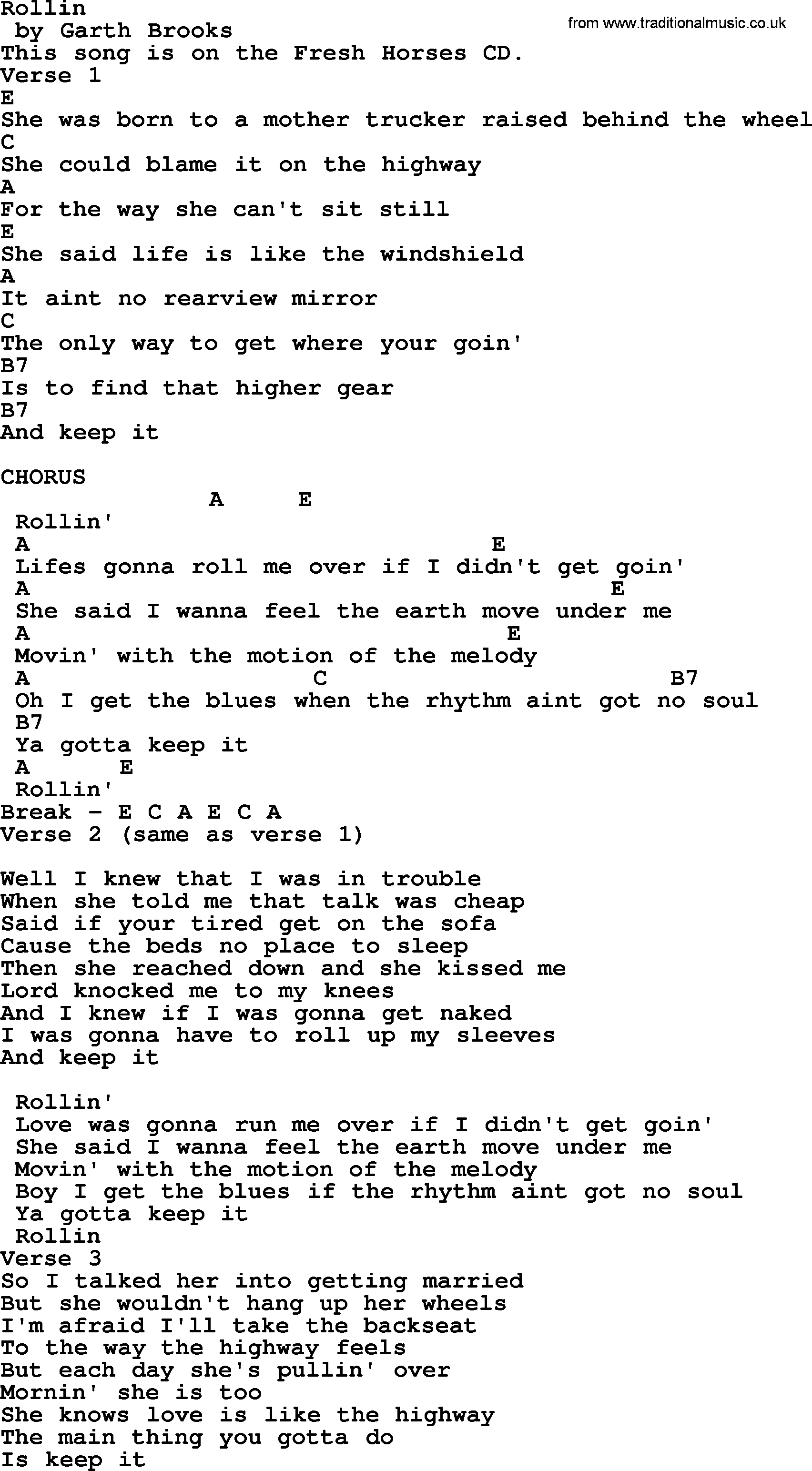 Garth Brooks song: Rollin, lyrics and chords