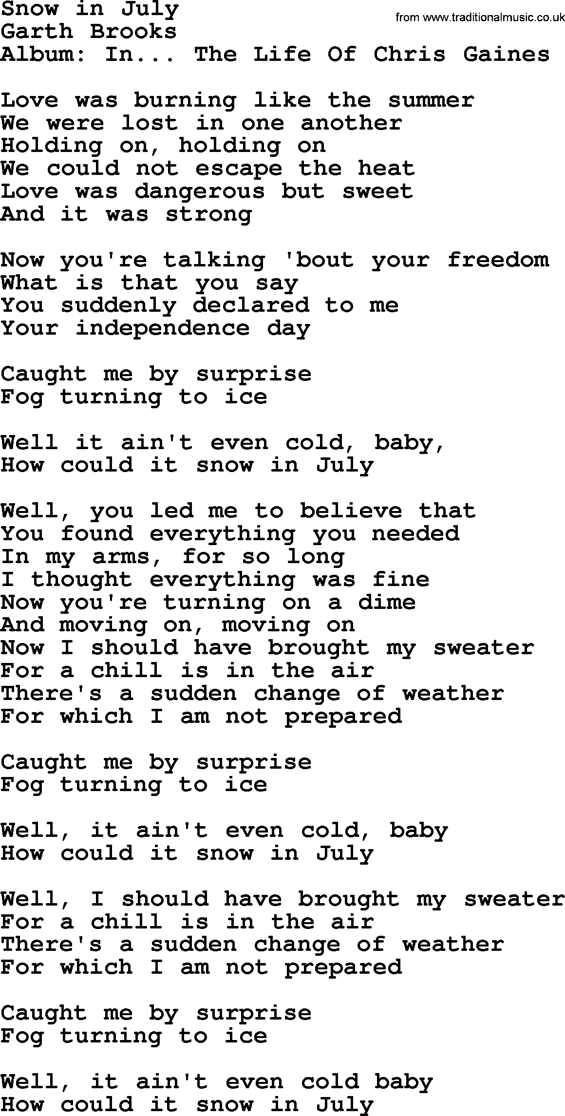 Garth Brooks song: Snow In July, lyrics