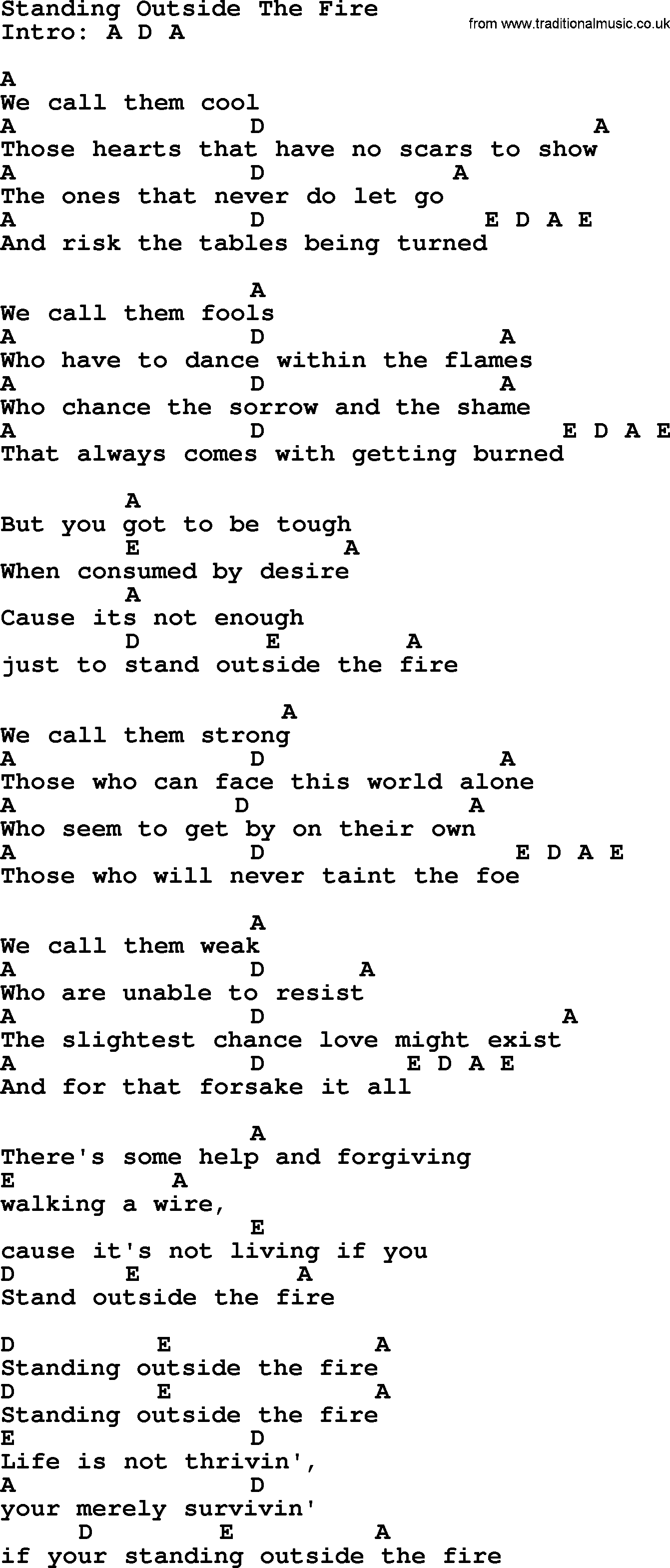 Garth Brooks song: Standing Outside The Fire, lyrics and chords