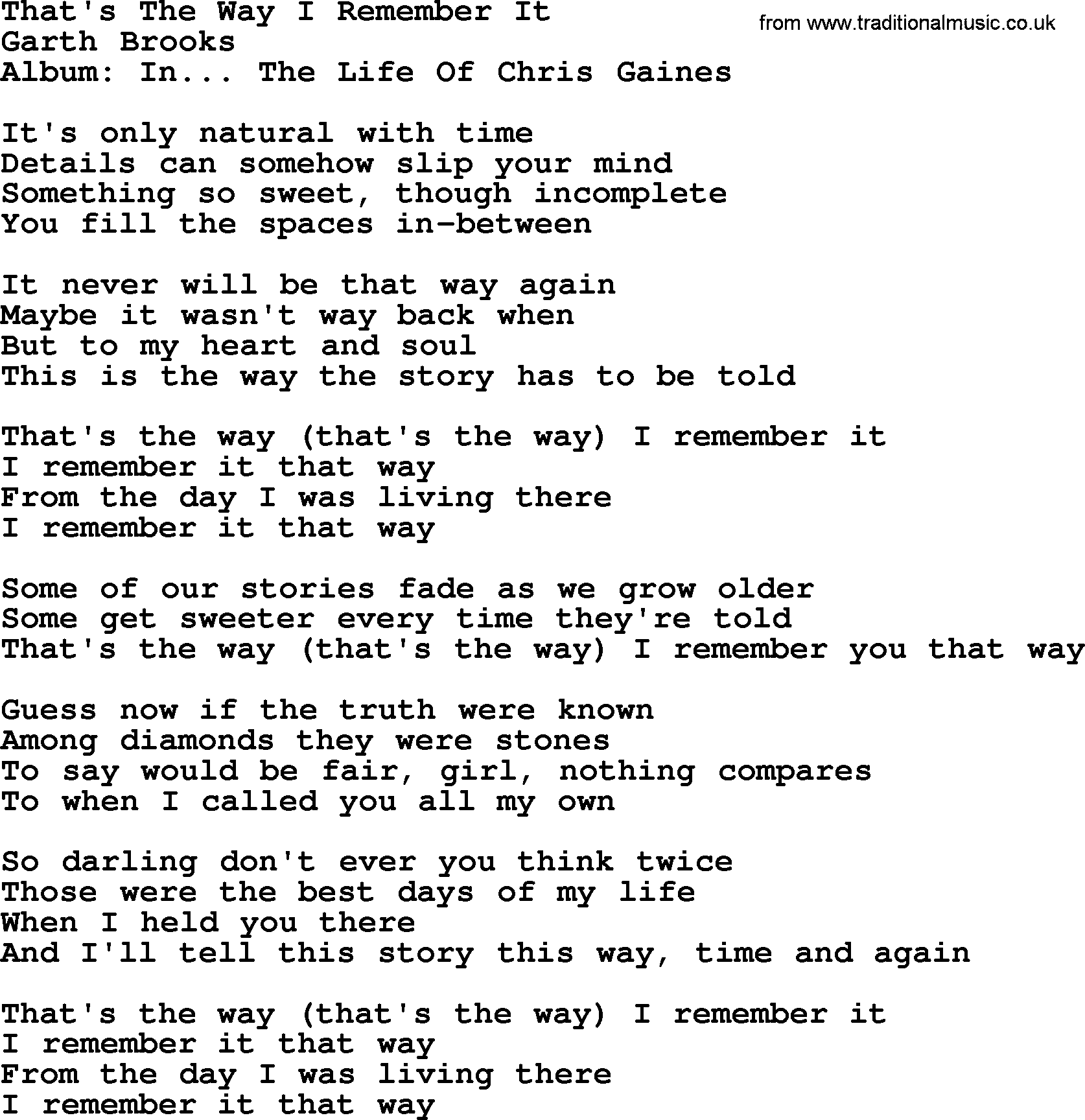 Garth Brooks song: That's The Way I Remember It, lyrics