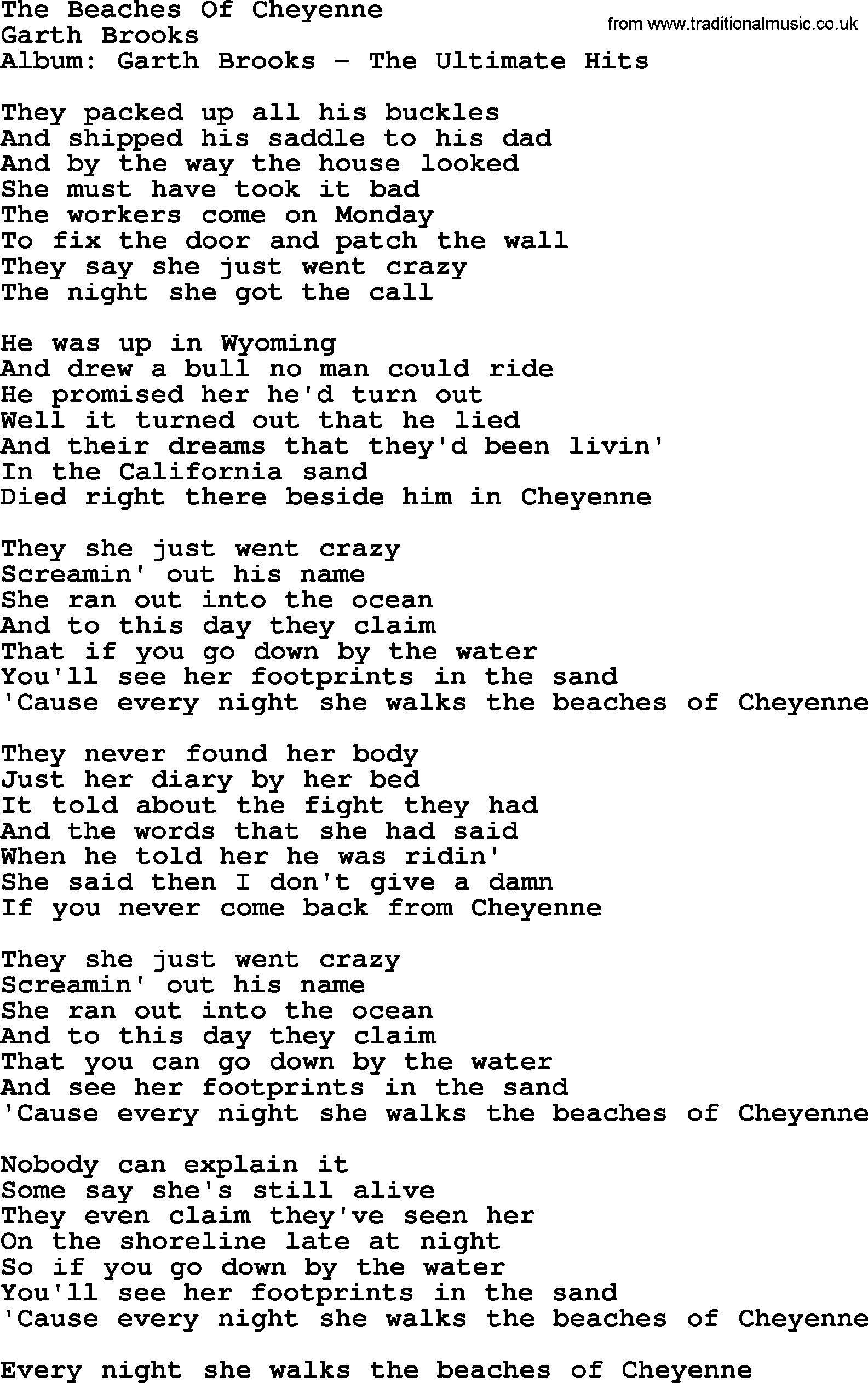 Garth Brooks song: The Beaches Of Cheyenne, lyrics