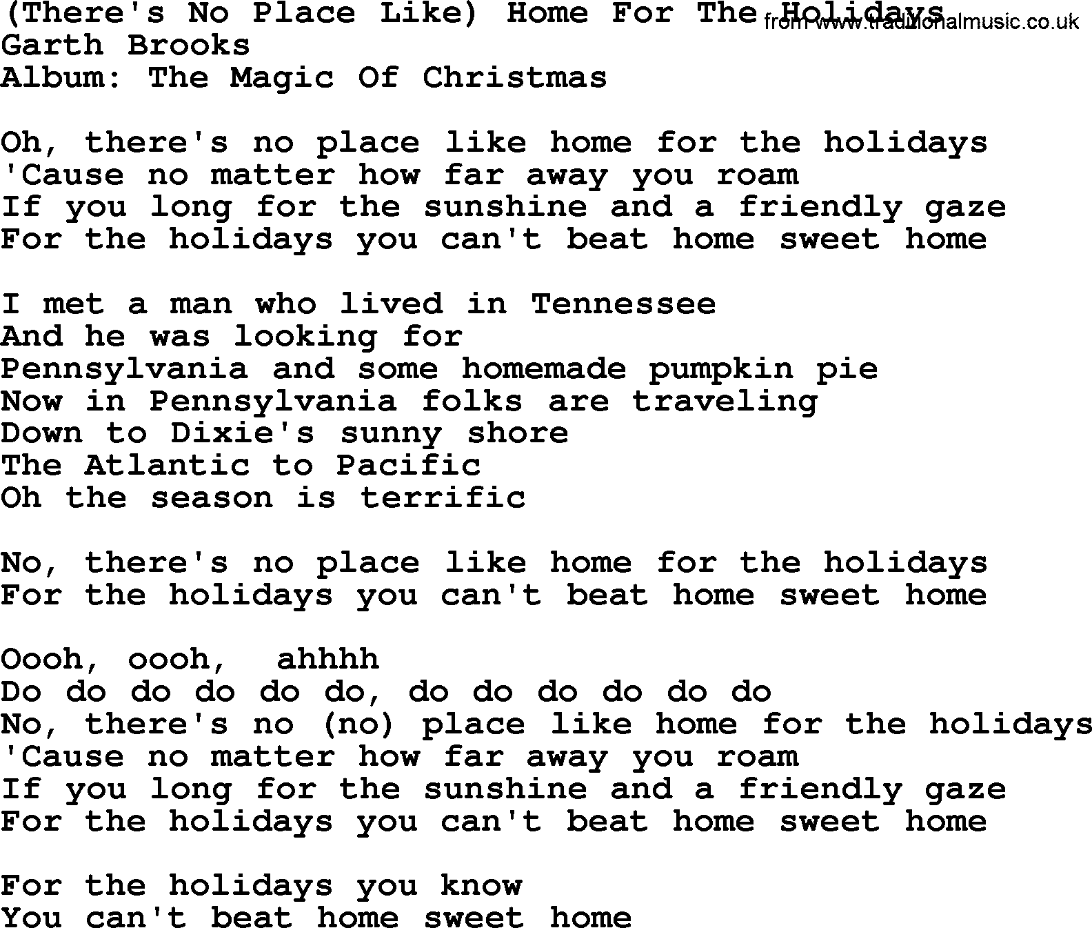 Garth Brooks song: There's No Place Like Home For The Holidays, lyrics