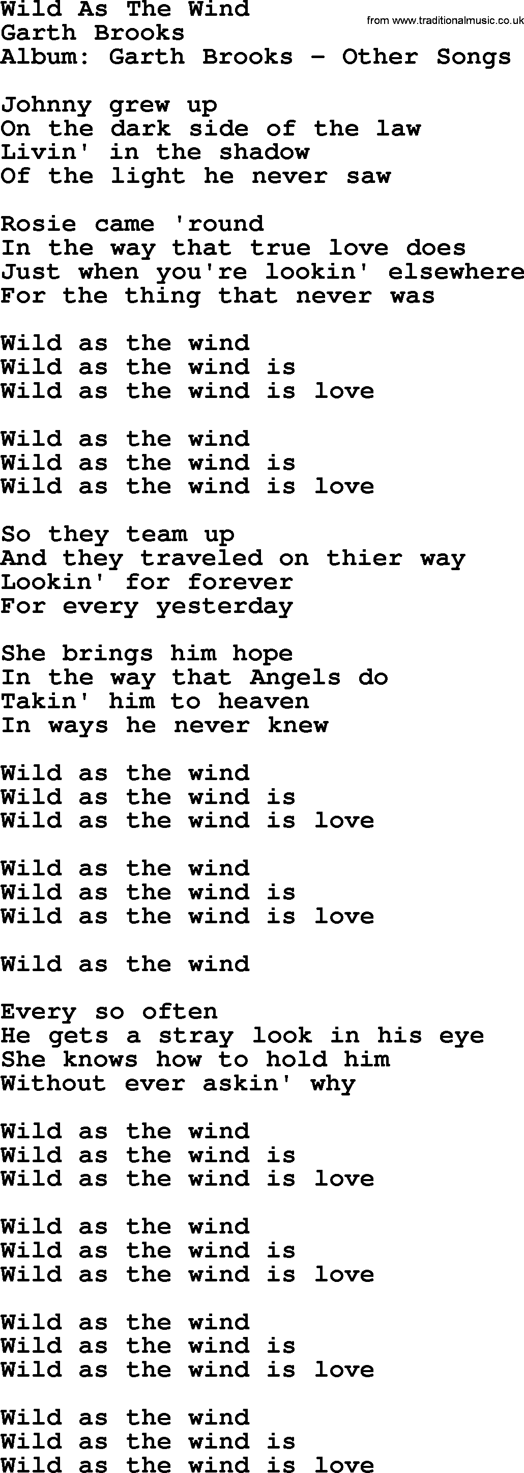 Garth Brooks song: Wild As The Wind, lyrics